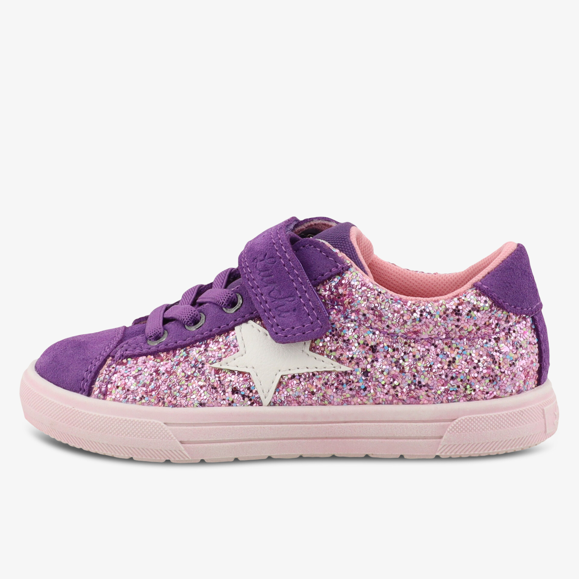 Seitlich sichtbarer lila Sneaker mit Glitzerelementen und rosa Sohle, praktischem Klettverschluss