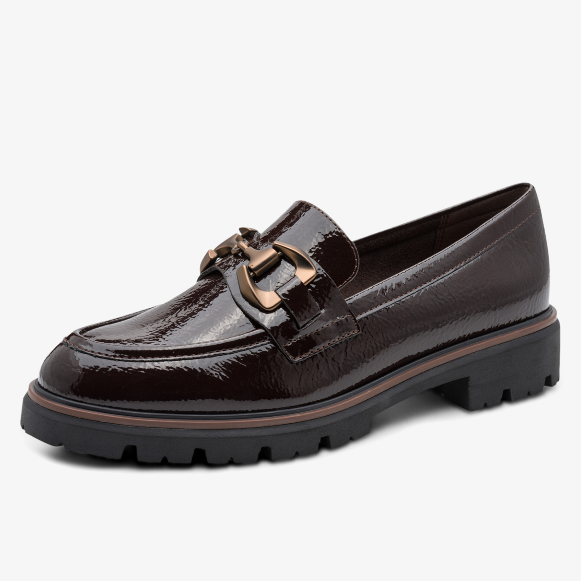 Eleganter dunkelbrauner Loafer mit hochglänzendem Lackleder, robuster Blockabsatz und modischer Schnalle