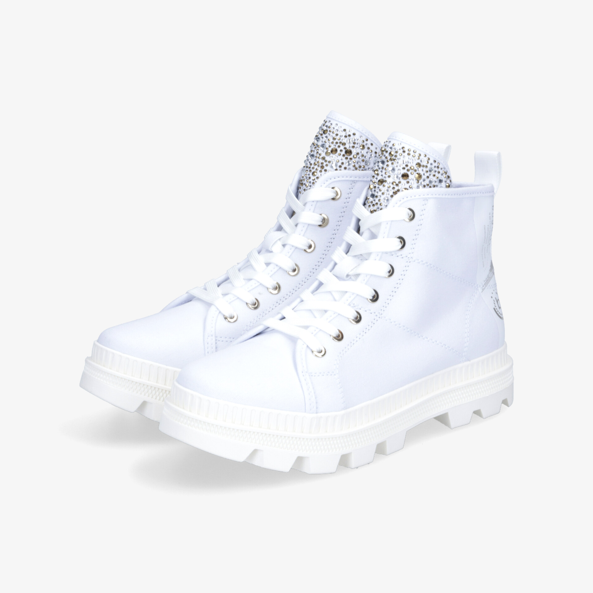 Weiße Stiefel mit Glitzer an der Lasche und robuster Sohle, ideal für modische Auftritte.