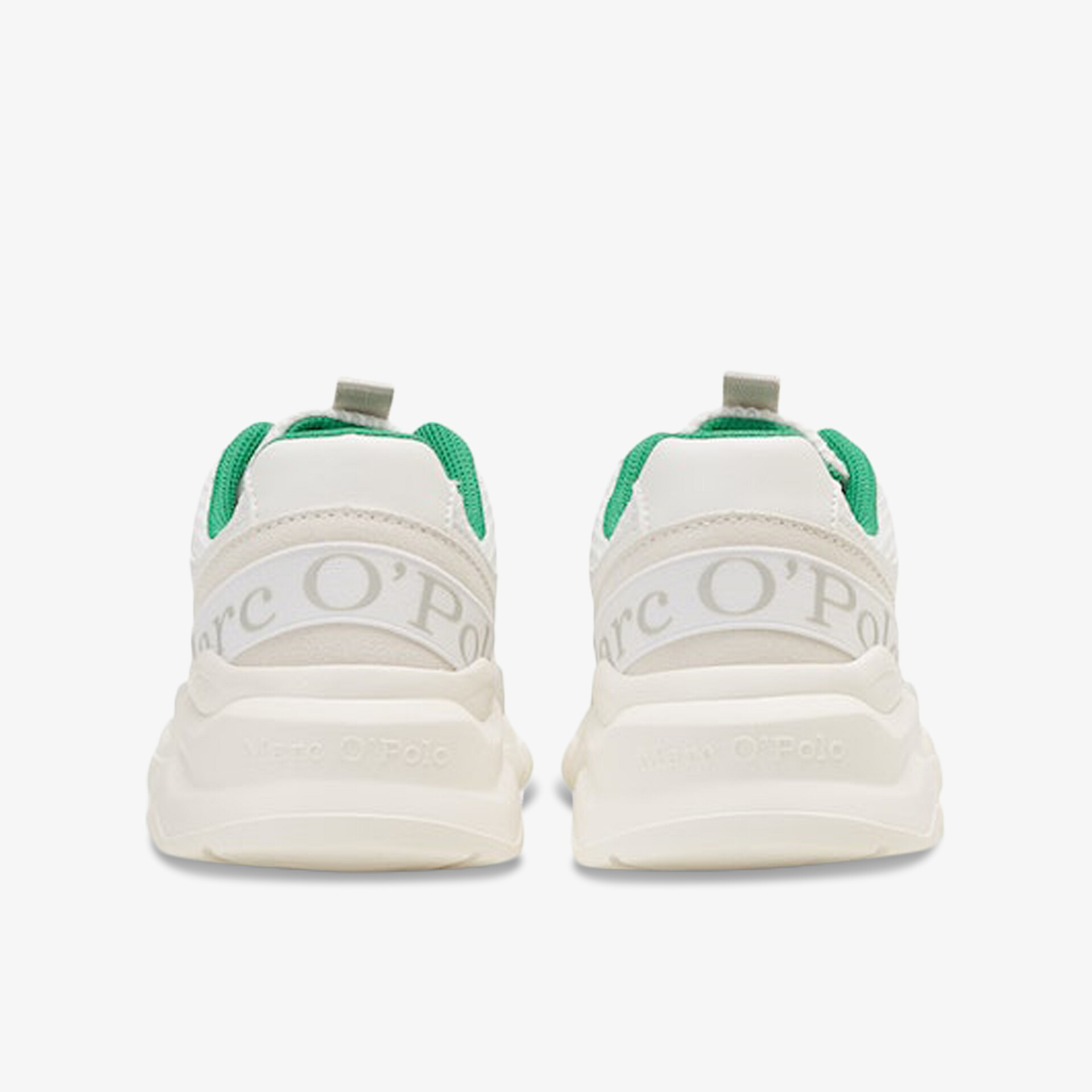 Elegante weiße Turnschuhe mit grünem Akzent und dezentem Markenlogo, ideal für stilvolle Auftritte.