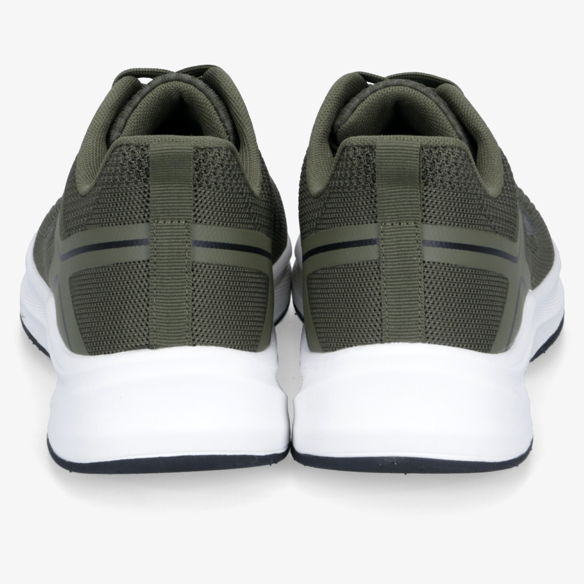 Leichter und bequemer Sportschuh in Olivgrün mit rutschfester, flexibler weißer Sohle, Rückansicht