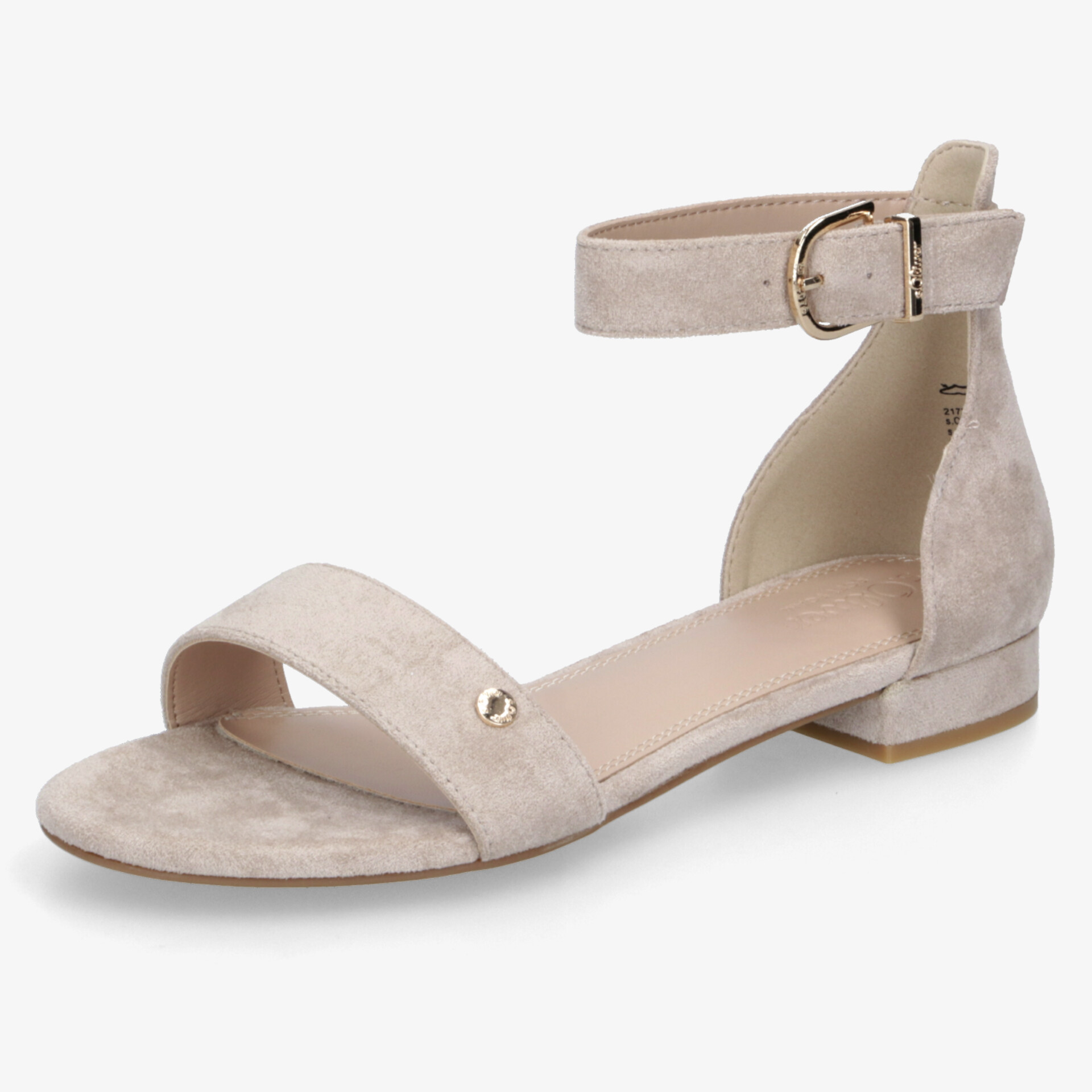 Beiger Sandalenschuh mit niedrigem Absatz und verstellbarem Knöchelriemen, bequemer und eleganter Sommerschuh