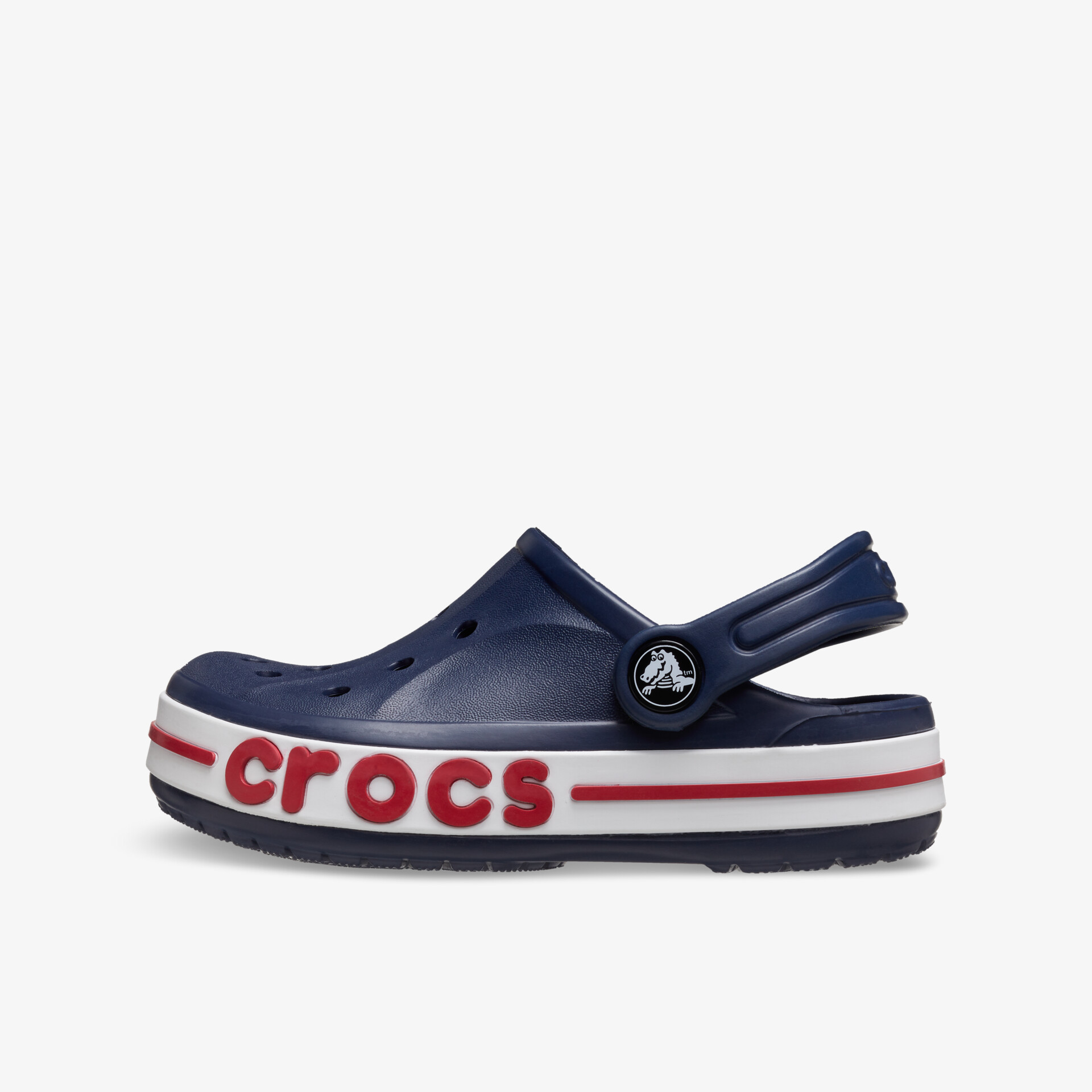 Leichter blauer Crocs Schuh mit roten und weißen Akzenten, bequem und strapazierfähig, seitliche Ansicht