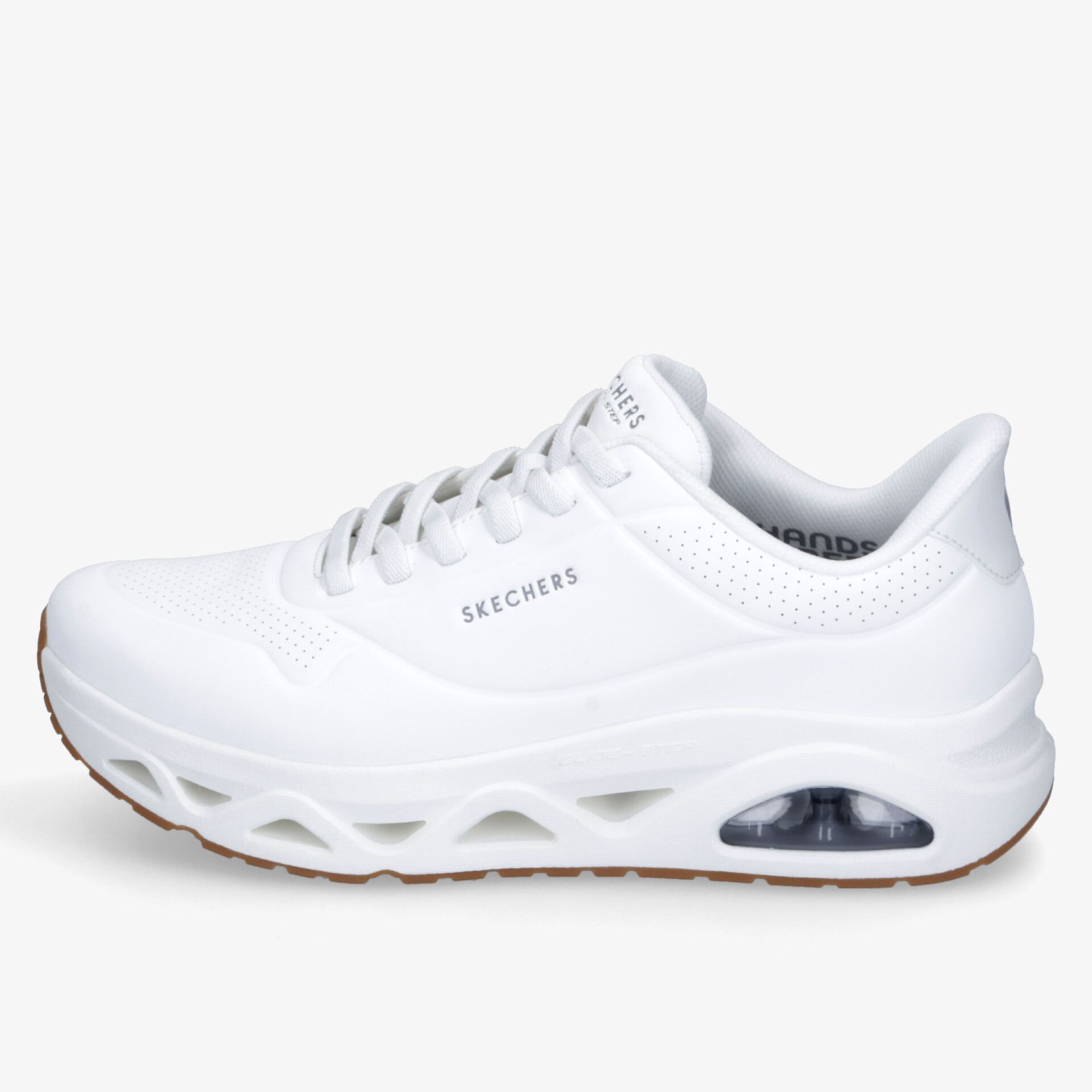 Moderner weißer Sneaker mit gepolsterter dämpfender Sohle und atmungsaktivem Material für maximalen Komfort