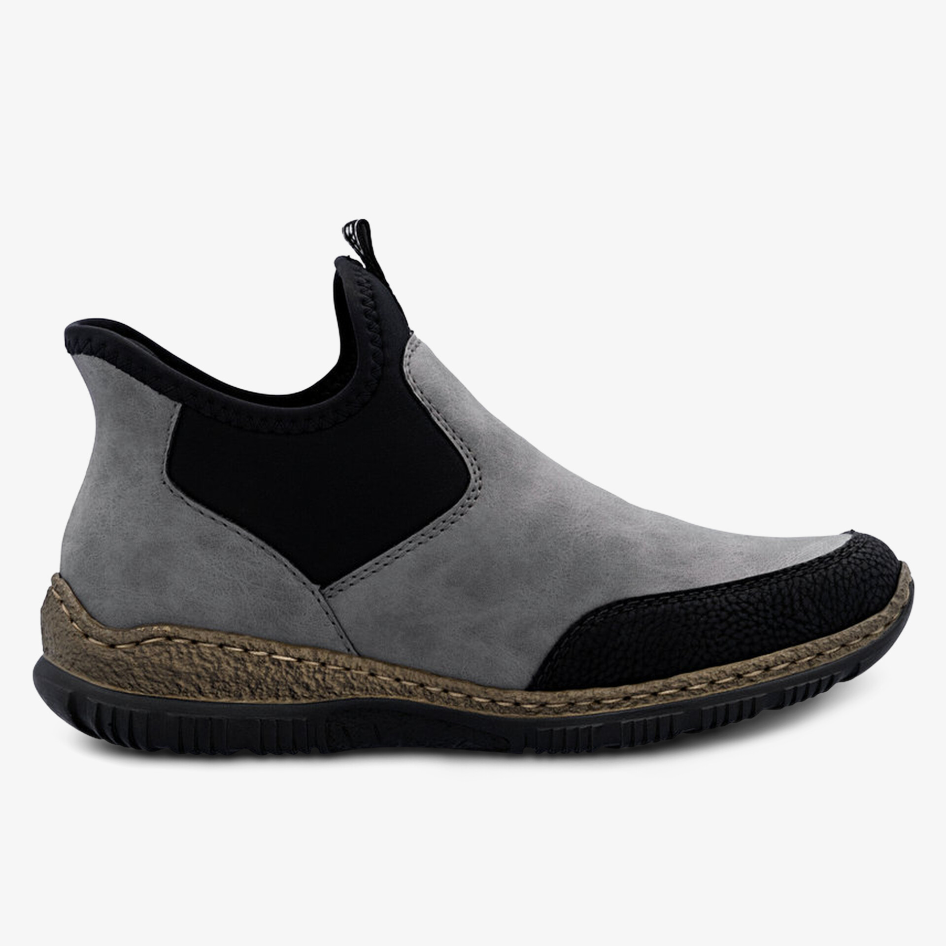 Grauer lässiger Schuh mit elastischem Einsatz und flexibler Sohle für komfortables Tragen