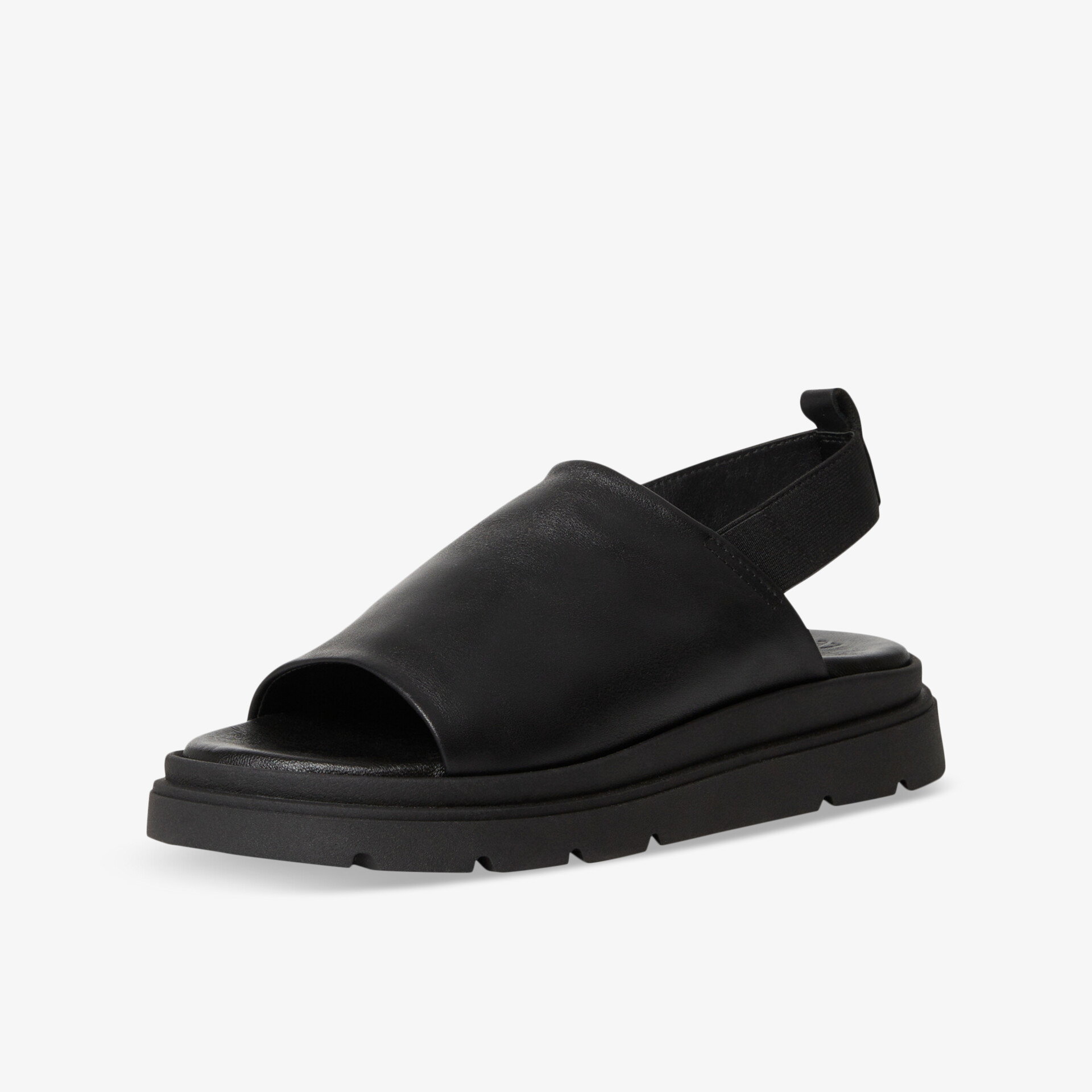 Schwarze Sandale mit offener Spitze und dicker, profilierter Sohle für maximalen Komfort und modernen Look