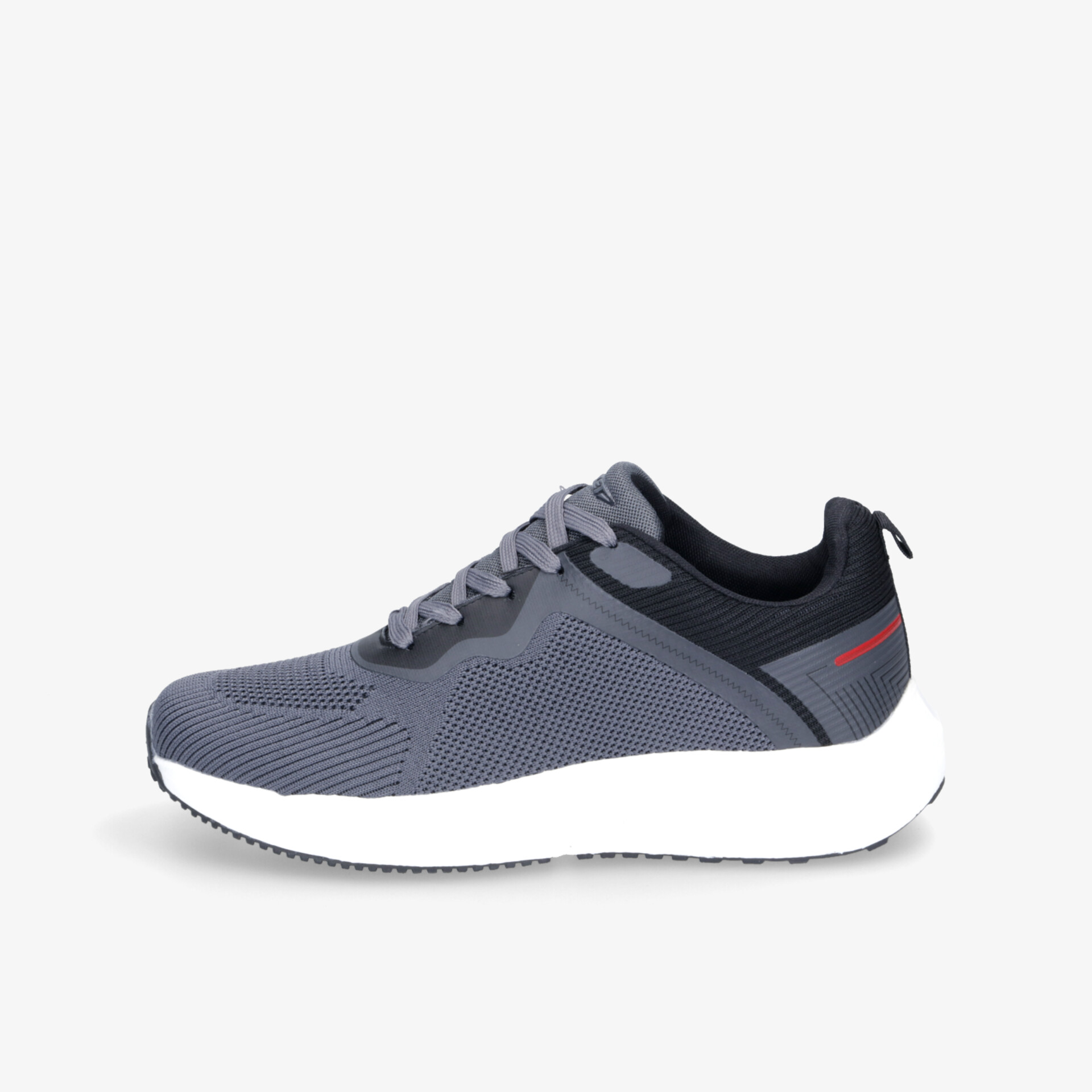 Moderner grauer Sportschuh mit atmungsaktivem Material und flexibler weißer Sohle, bequeme Passform