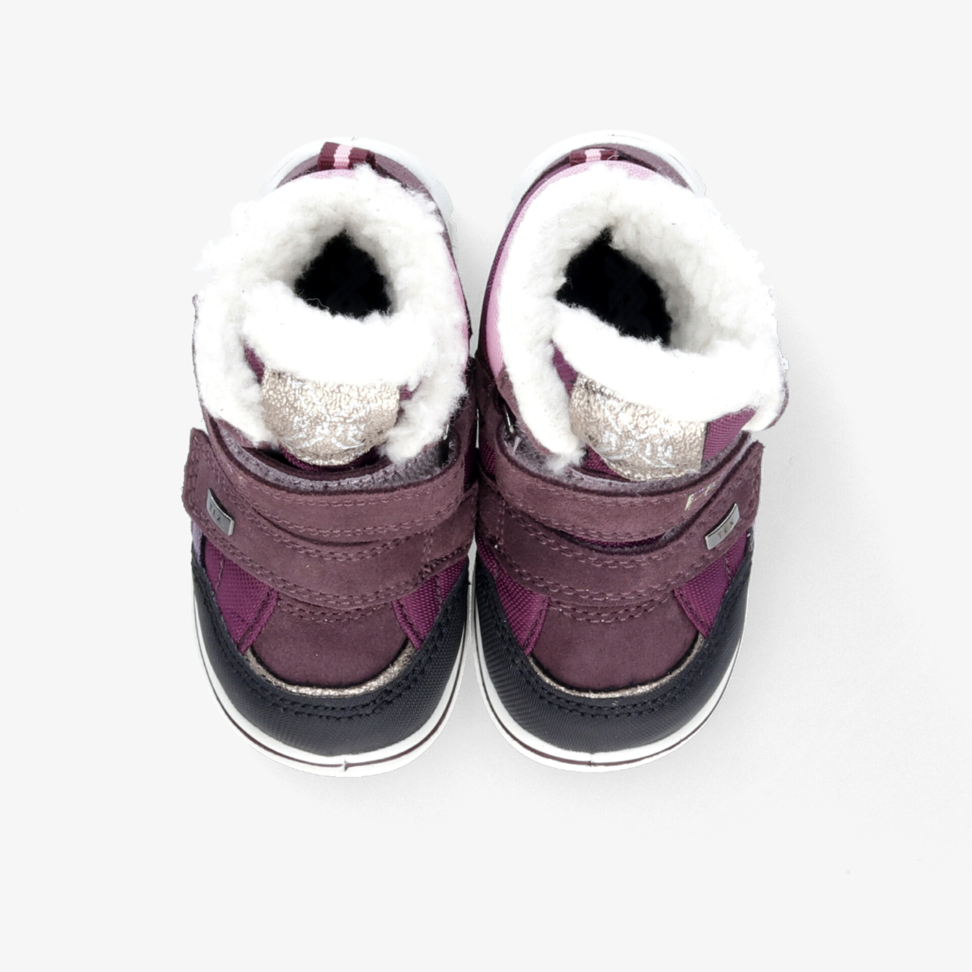 Weiche, gefütterte Kinderwinterschuhe in Lila mit rutschfester Sohle und stabilem Klettverschluss, Paaransicht