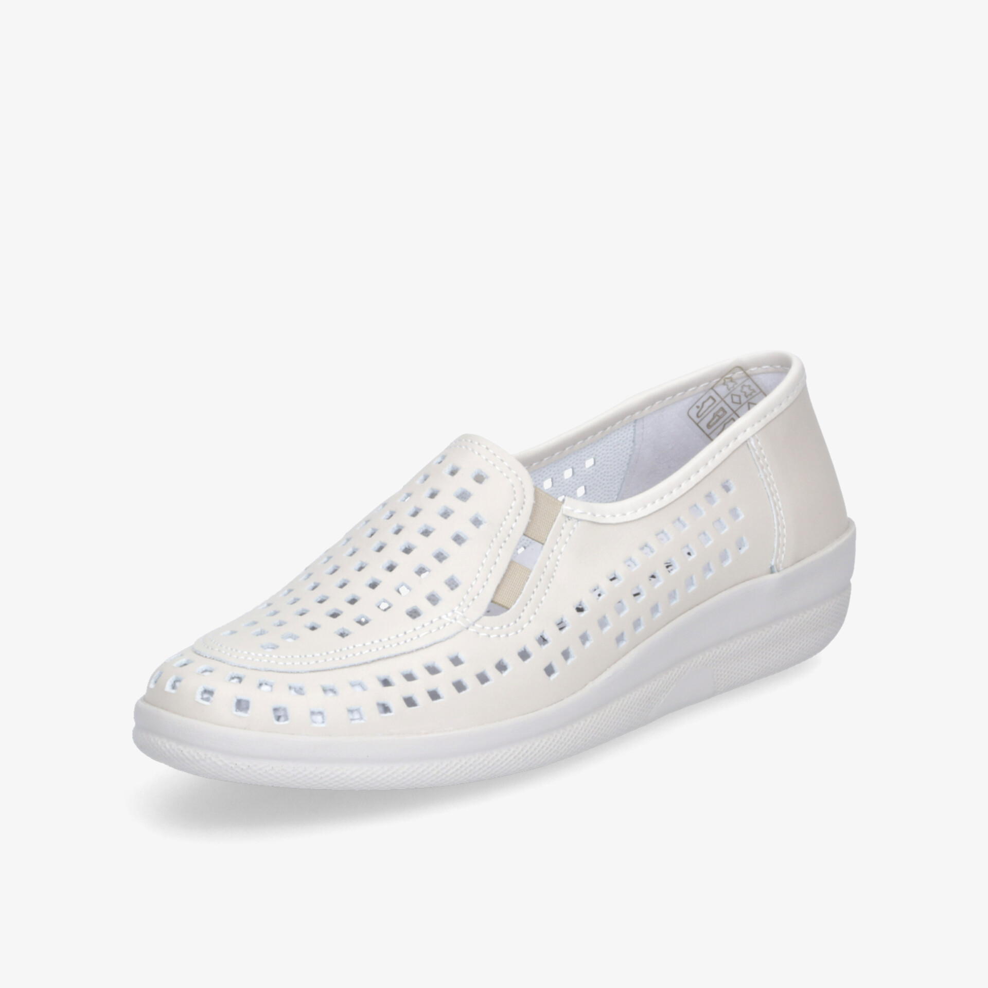Weißer Slipper mit perforiertem Obermaterial und komfortabler, flexibler rutschfester Sohle, seitliche Ansicht