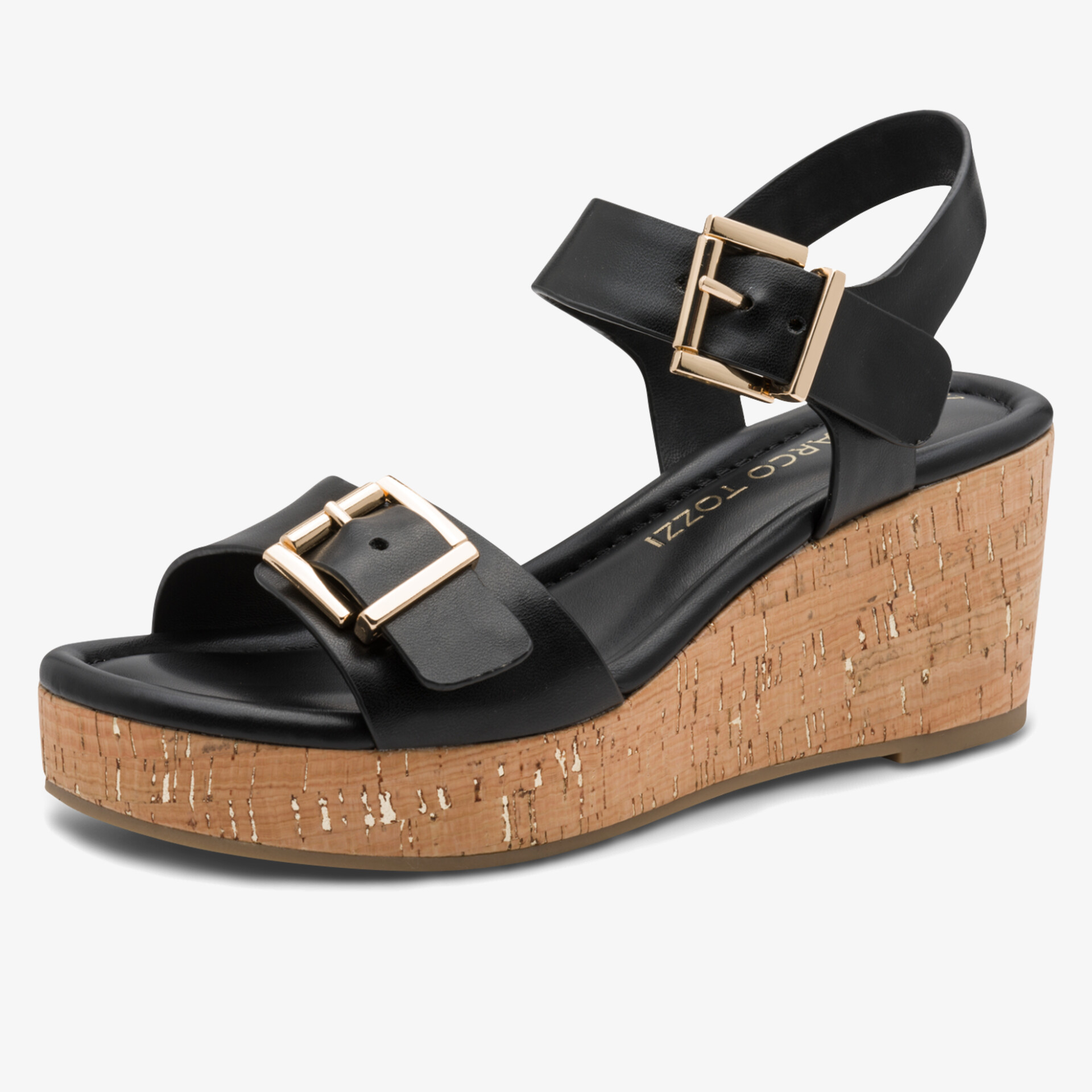 Schwarze Keilsandaletten mit Korkboden und verstellbaren goldenen Schnallen für komfortablen Halt