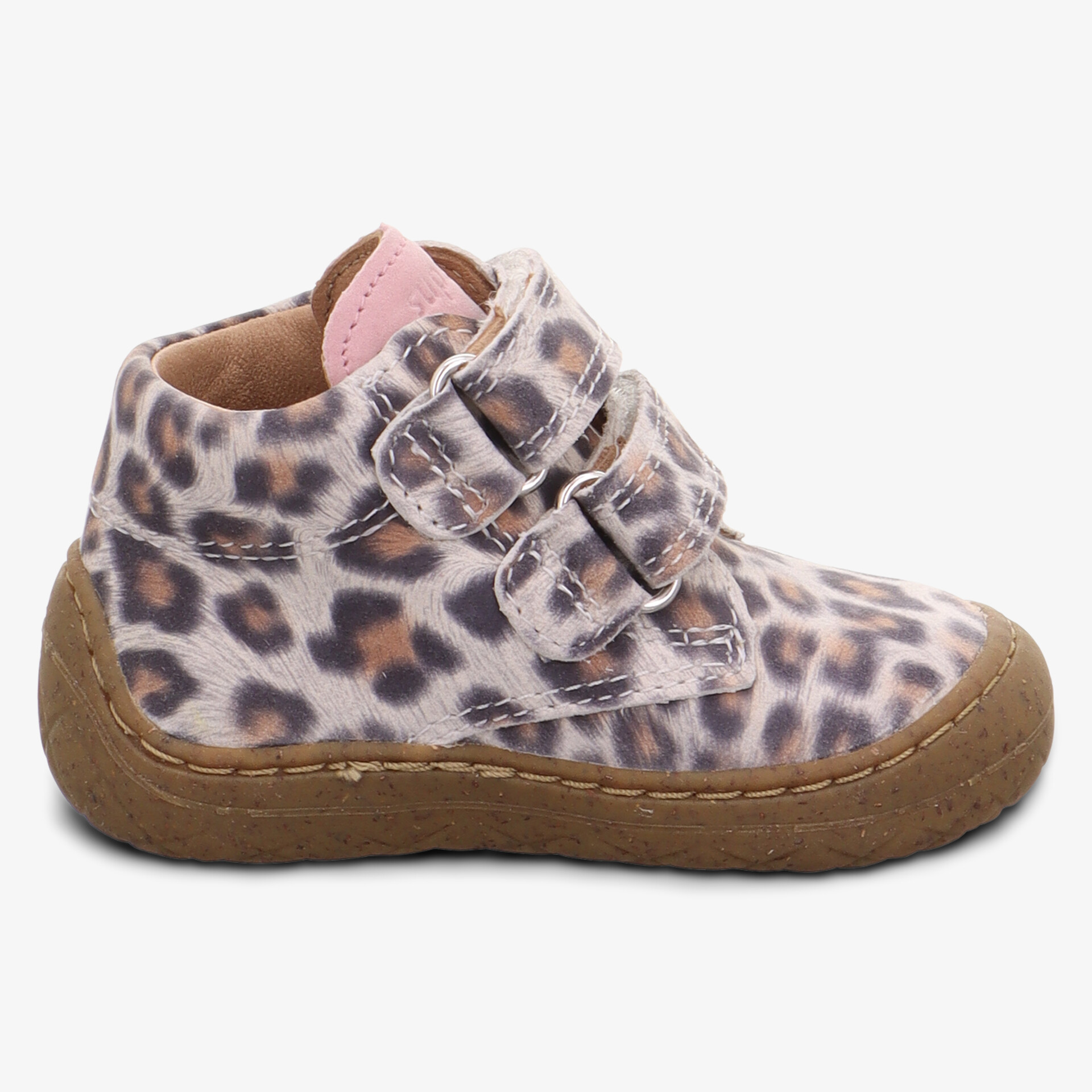 Leopard print shoe with double buckle closure and flexible brown sole for comfortable wear