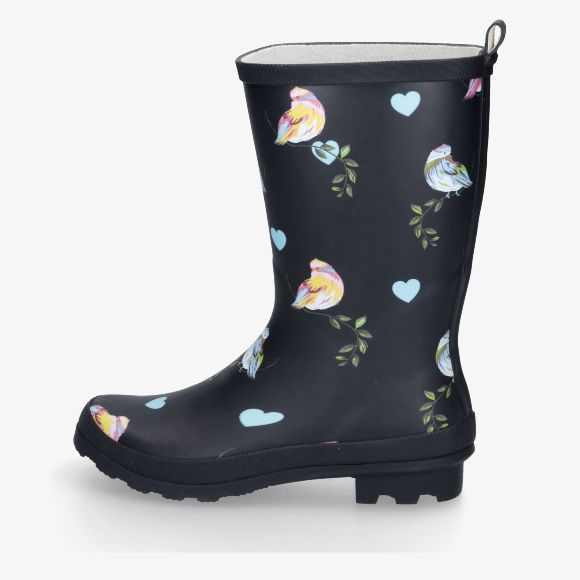 Wasserdichter schwarzer Gummistiefel mit buntem Blumenmuster und rutschfester Profilsohle für sicheren Halt