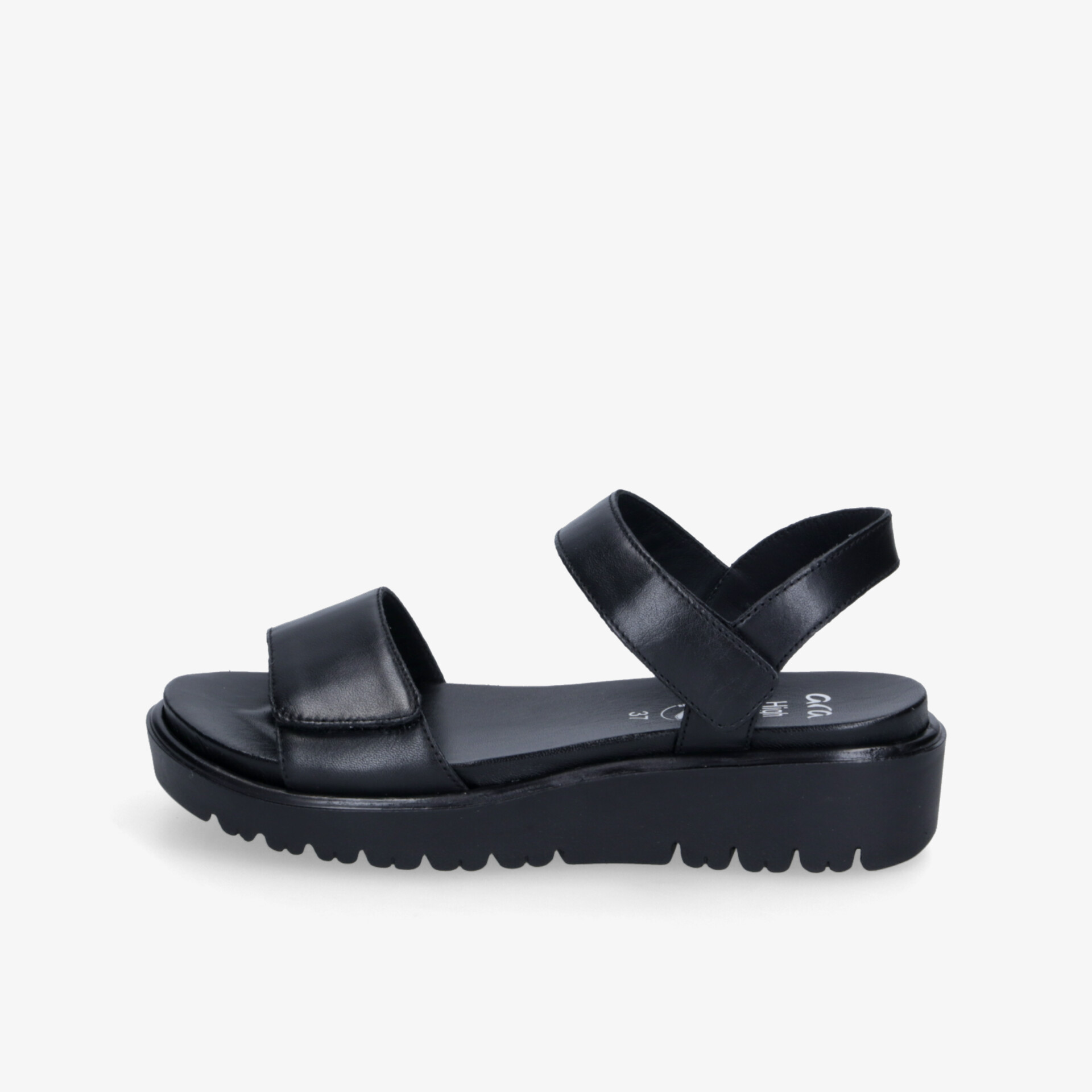 Schwarze Sandalette mit verstellbaren Riemen, gepolsterter Innensohle und rutschfester Profilsohle, seitliche Ansicht