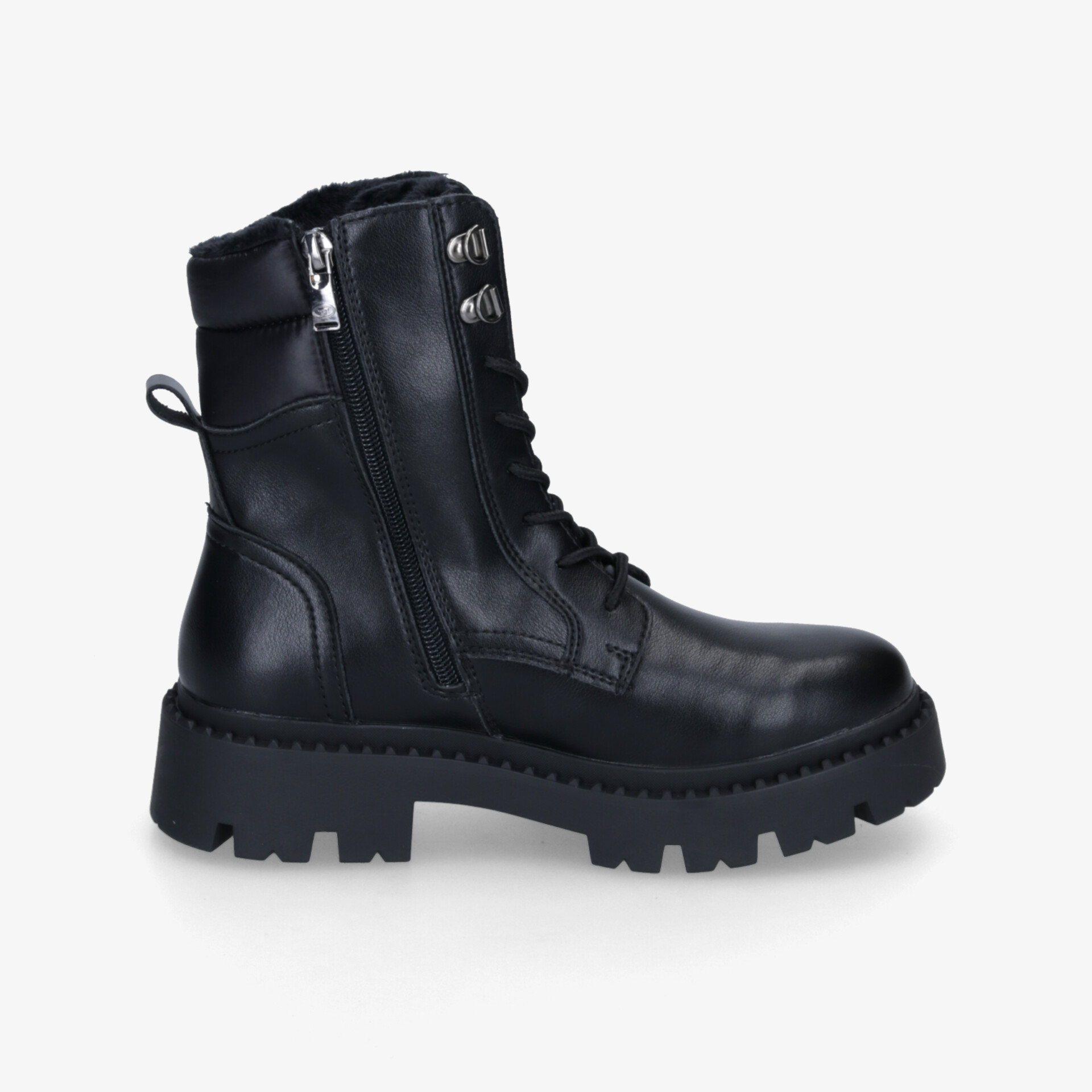 Robuster schwarzer Combat-Stiefel mit hohem Schaft, Reißverschluss und profilierter Sohle in klarer Seitenansicht