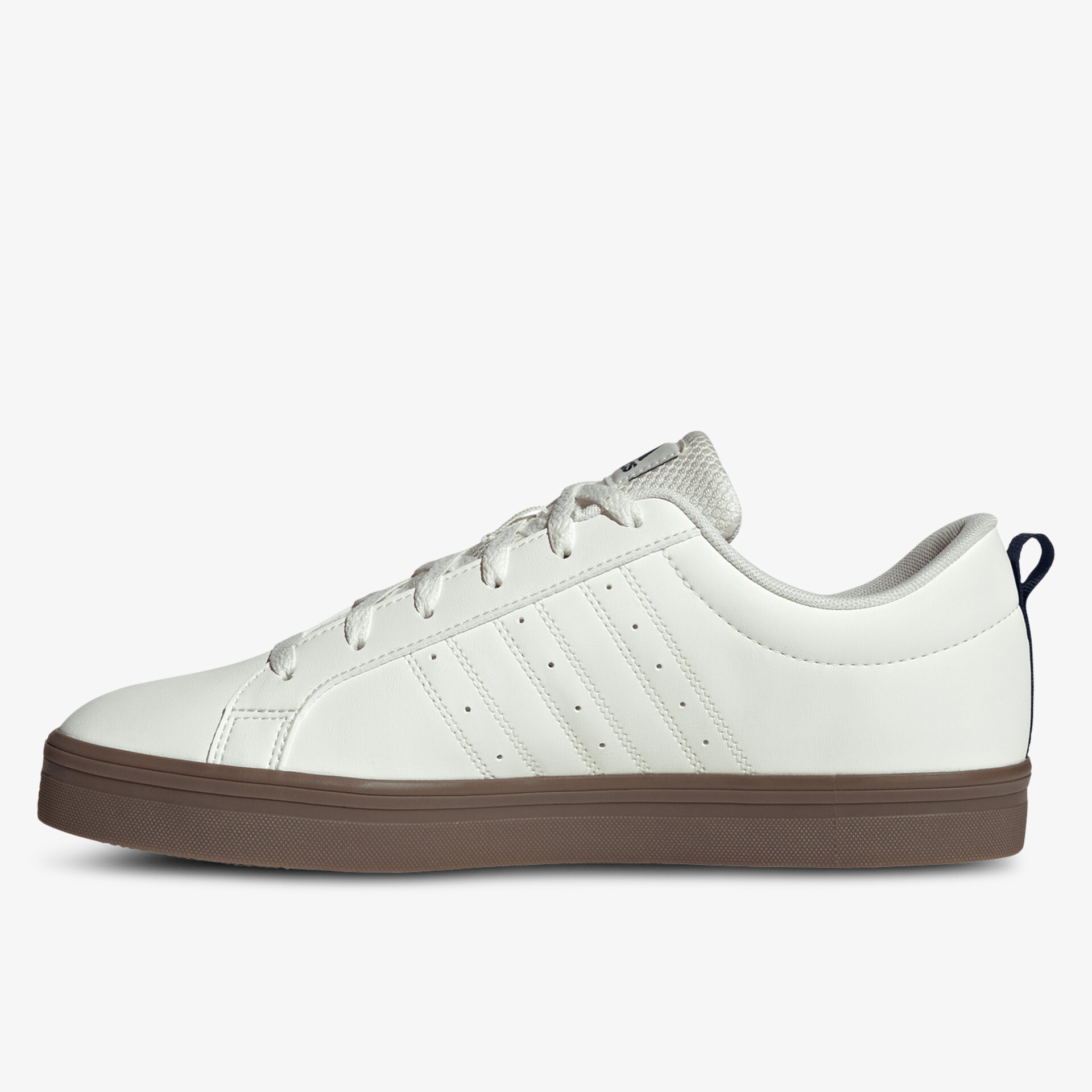 Weißer Sneaker mit brauner Gummisohle in klarer seitlicher Ansicht, moderner Freizeit- und Streetwear-Schuh