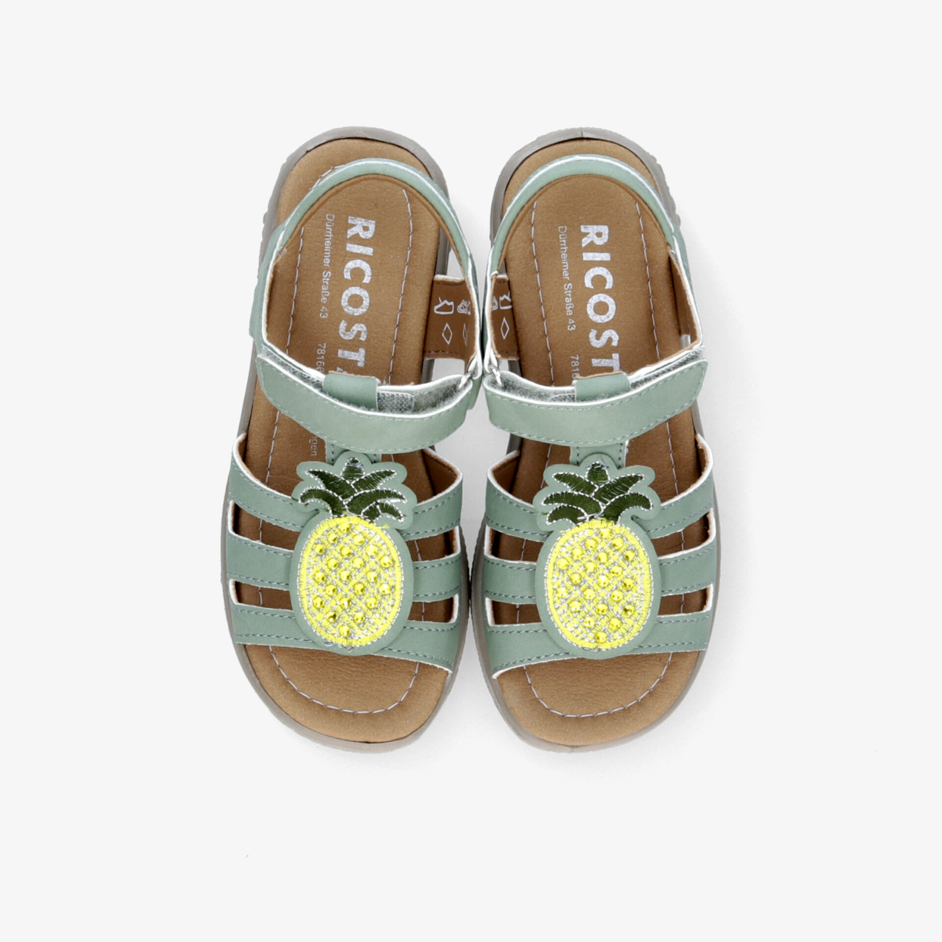 Leichte, bequeme Sandalen mit verstellbarem Klettverschluss und dekorativer Ananas in mintgrün