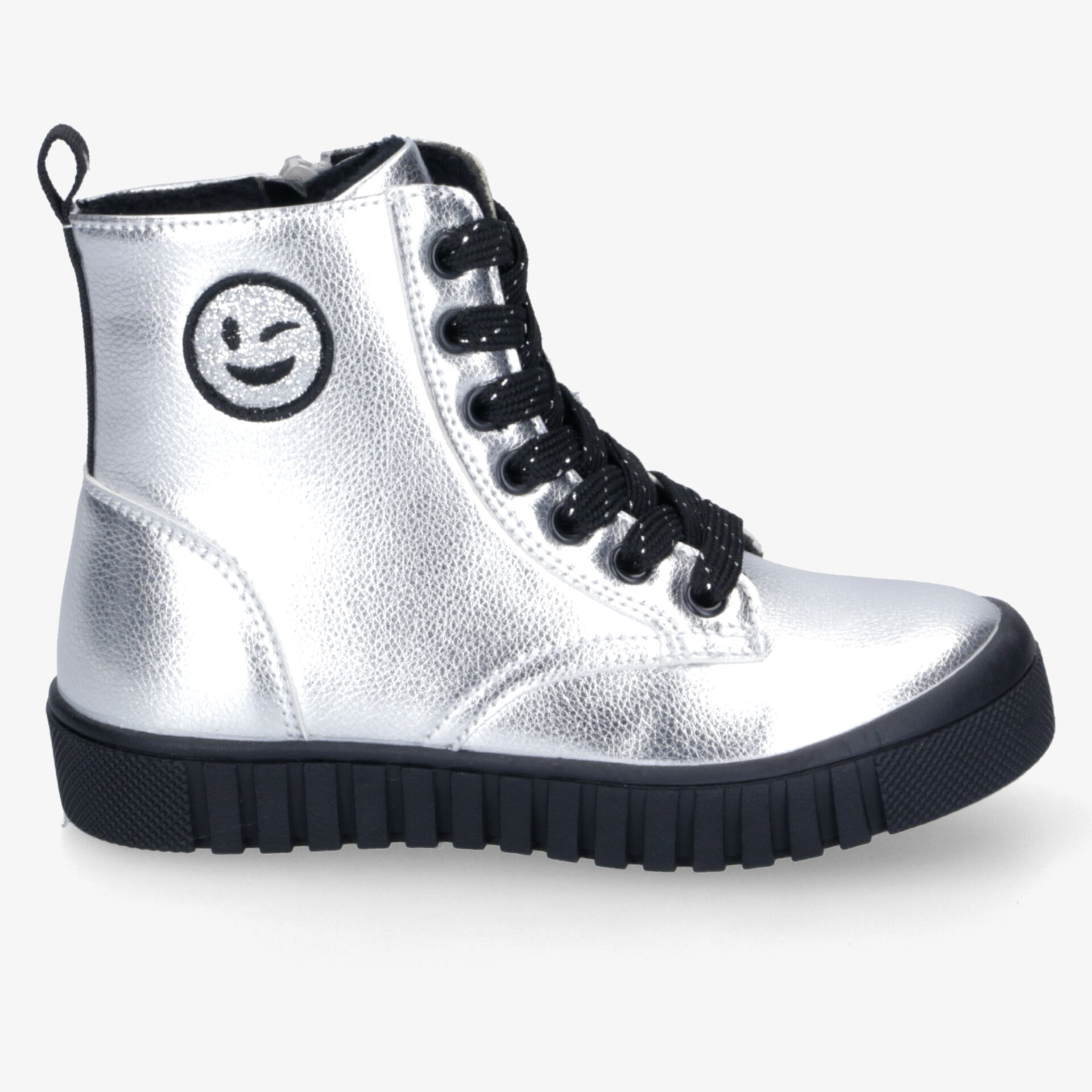 Silberner Stiefel mit Schnürung und Reißverschluss, robuste flexible Sohle für hohen Tragekomfort seitliche Ansicht