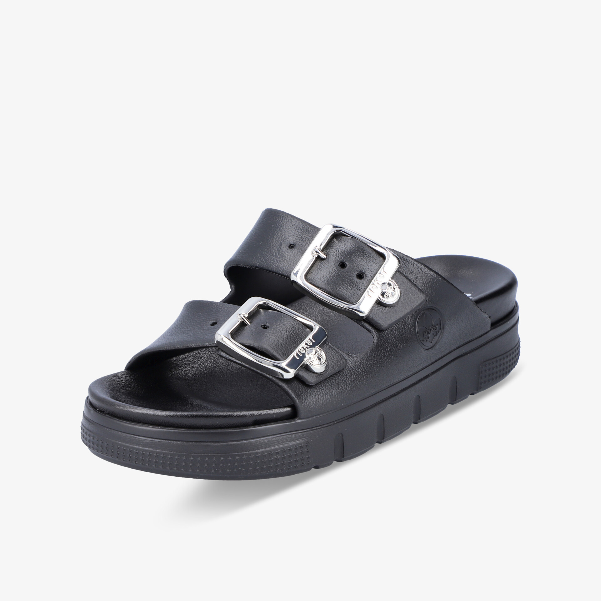 Schwarze komfortable Pantolette mit verstellbaren Schnallen und gepolsterter rutschfester Sohle