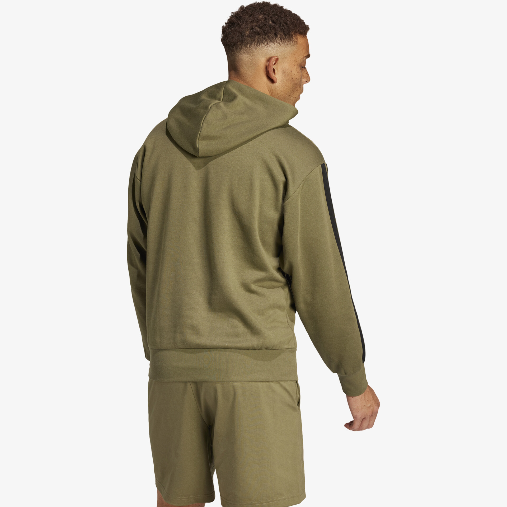 Kapuzensweatshirt in olivgrün mit legerem Schnitt und elastischen Bündchen, Rückansicht auf neutralem Hintergrund