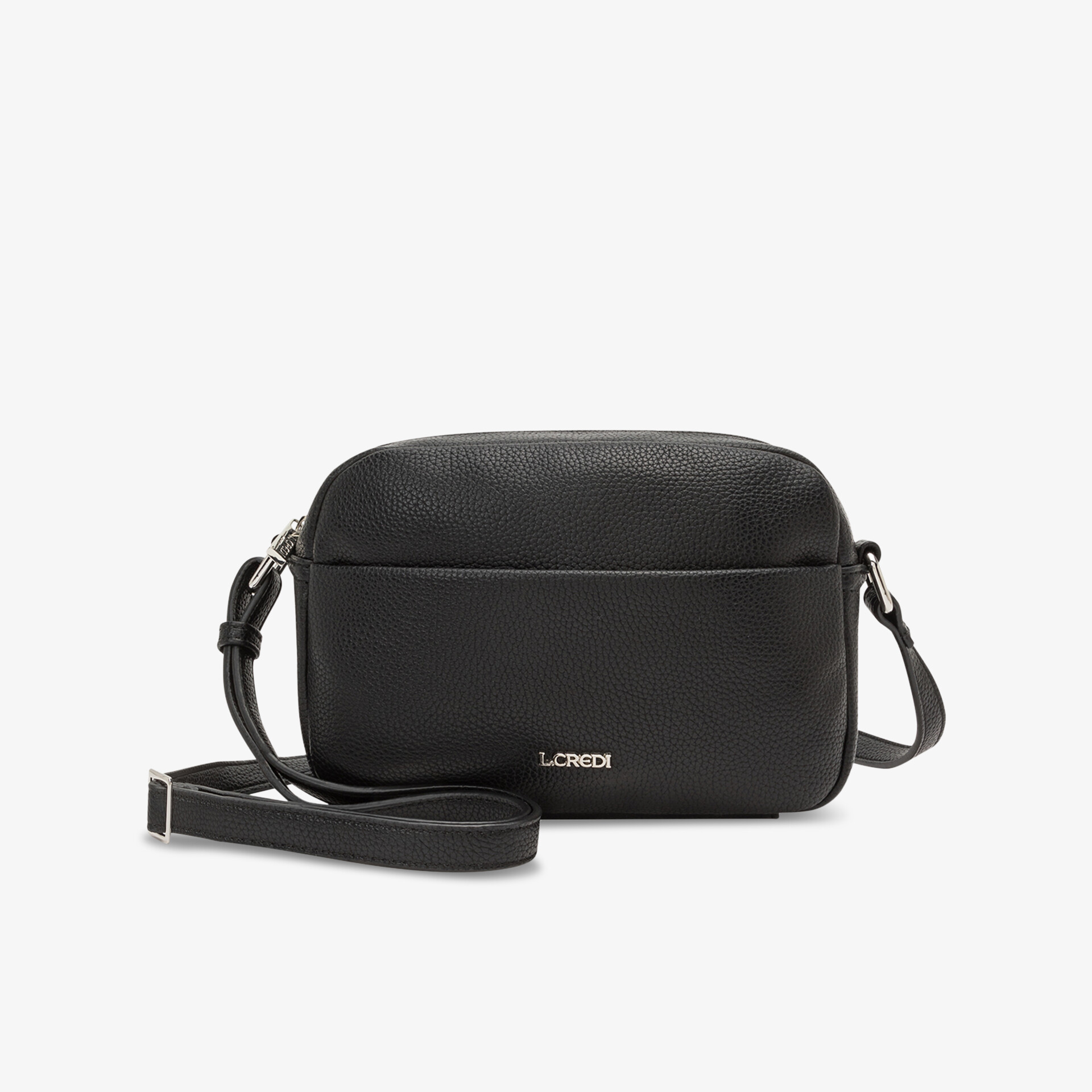 Schwarze kompakte Schultertasche mit glattem Material und verstellbarem Riemen für flexiblen Tragekomfort