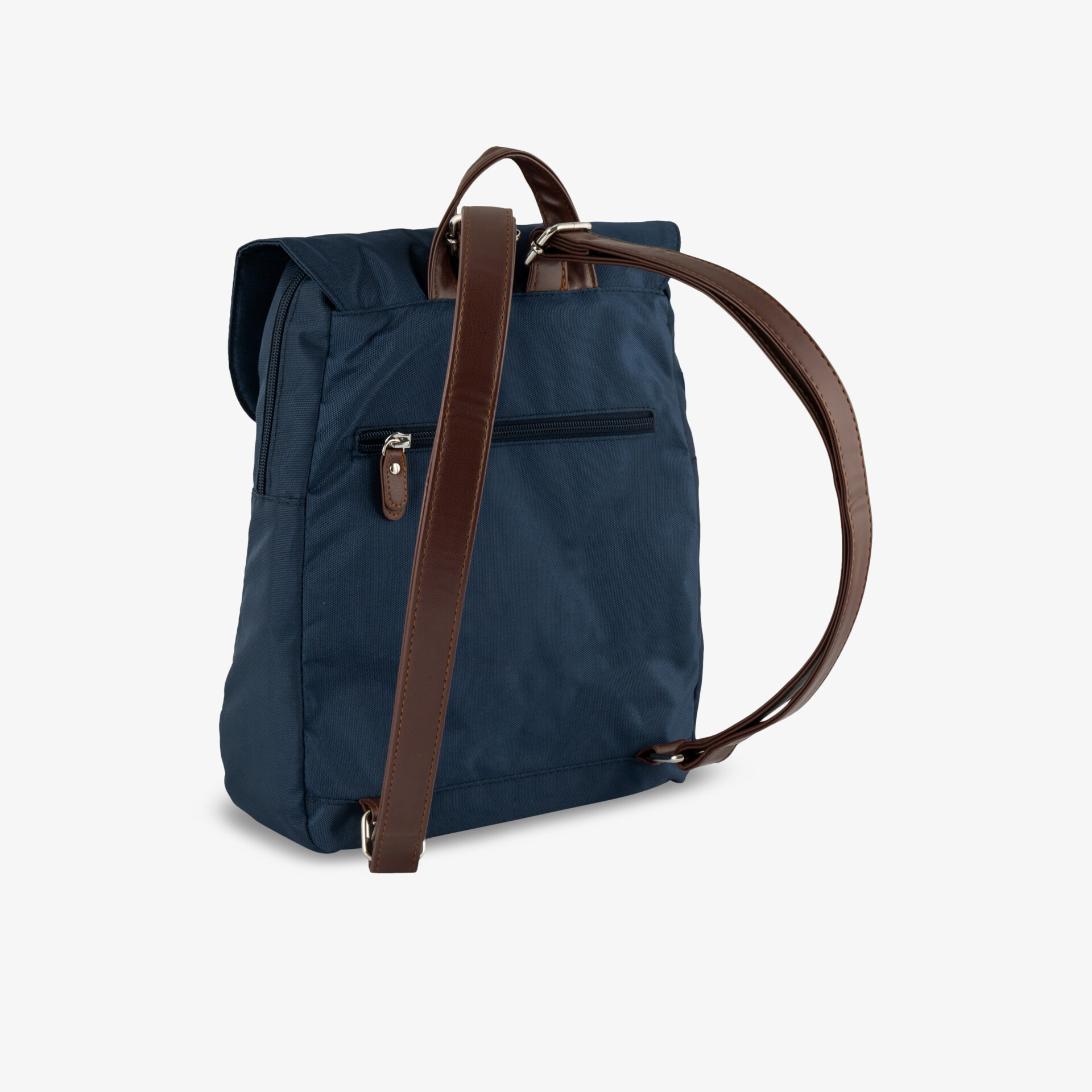 Moderner Rucksack in Dunkelblau mit eleganten braunen Riemen und mehreren Taschen für vielseitige Nutzung.