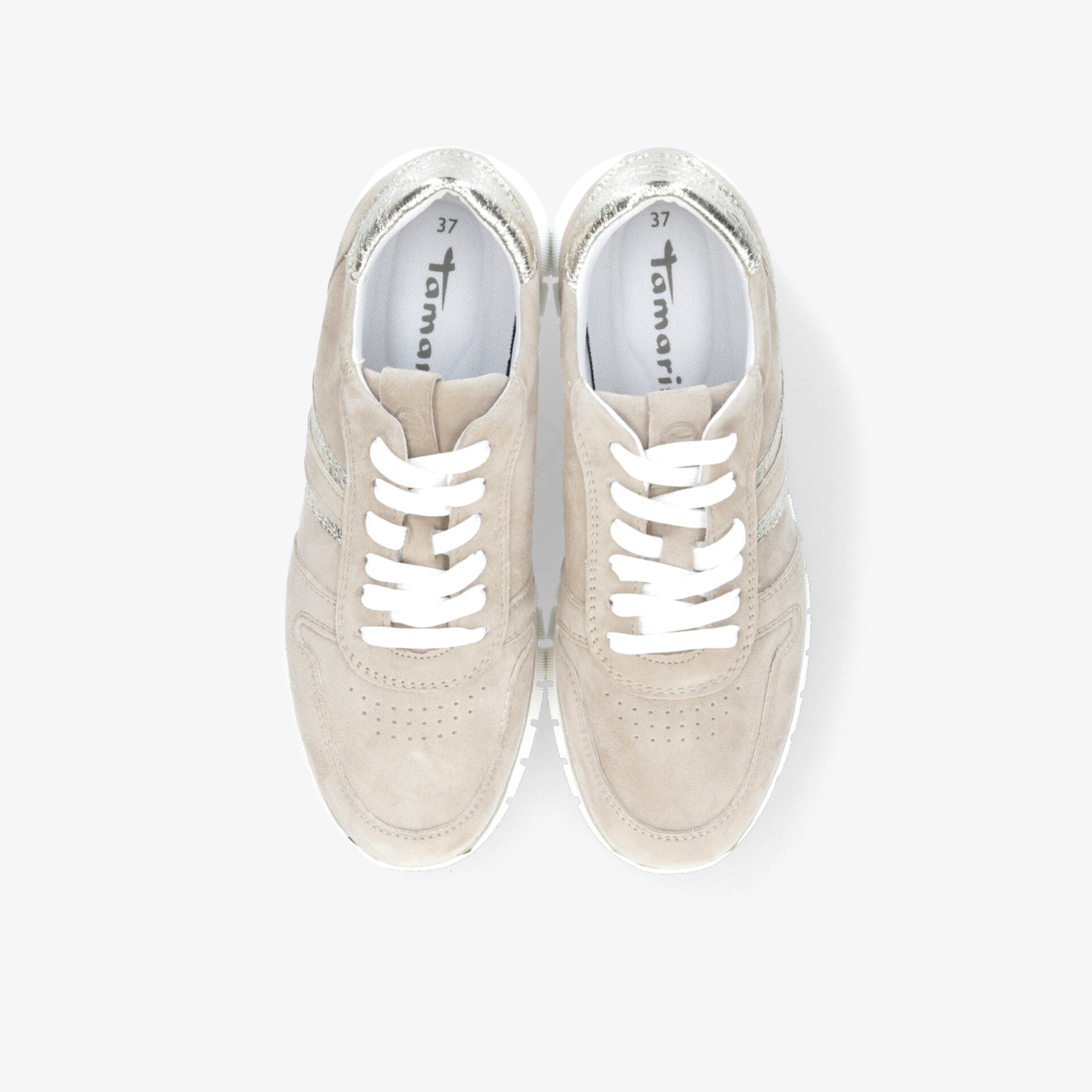 Bequeme beige Sneaker mit weißer Schnürung, luftdurchlässigem Material und modernem Design zur Draufsicht