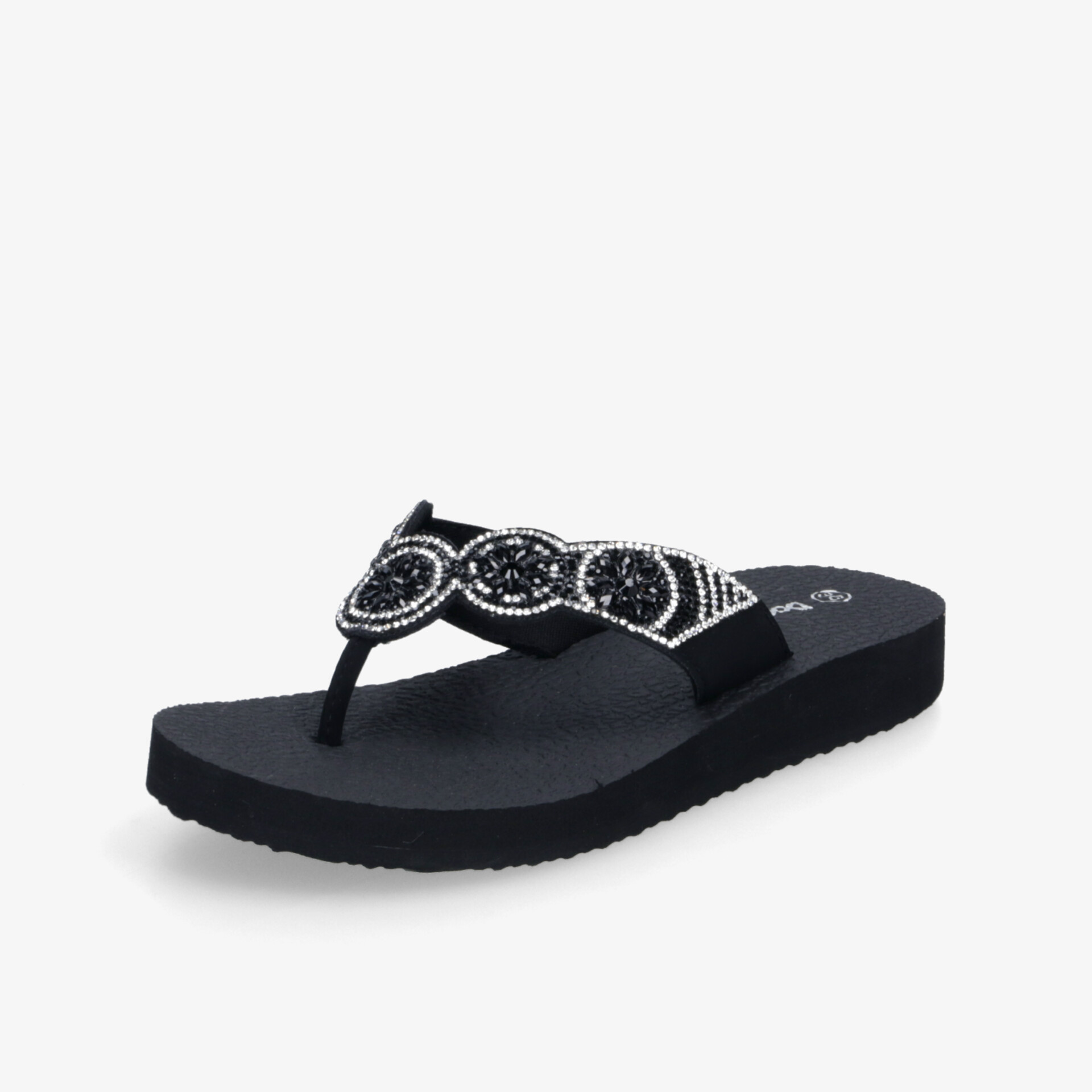 Schwarzer Flipflop mit funkelnden Strasssteinen, bequemer Sohle und Zehensteg für modischen Sommerkomfort