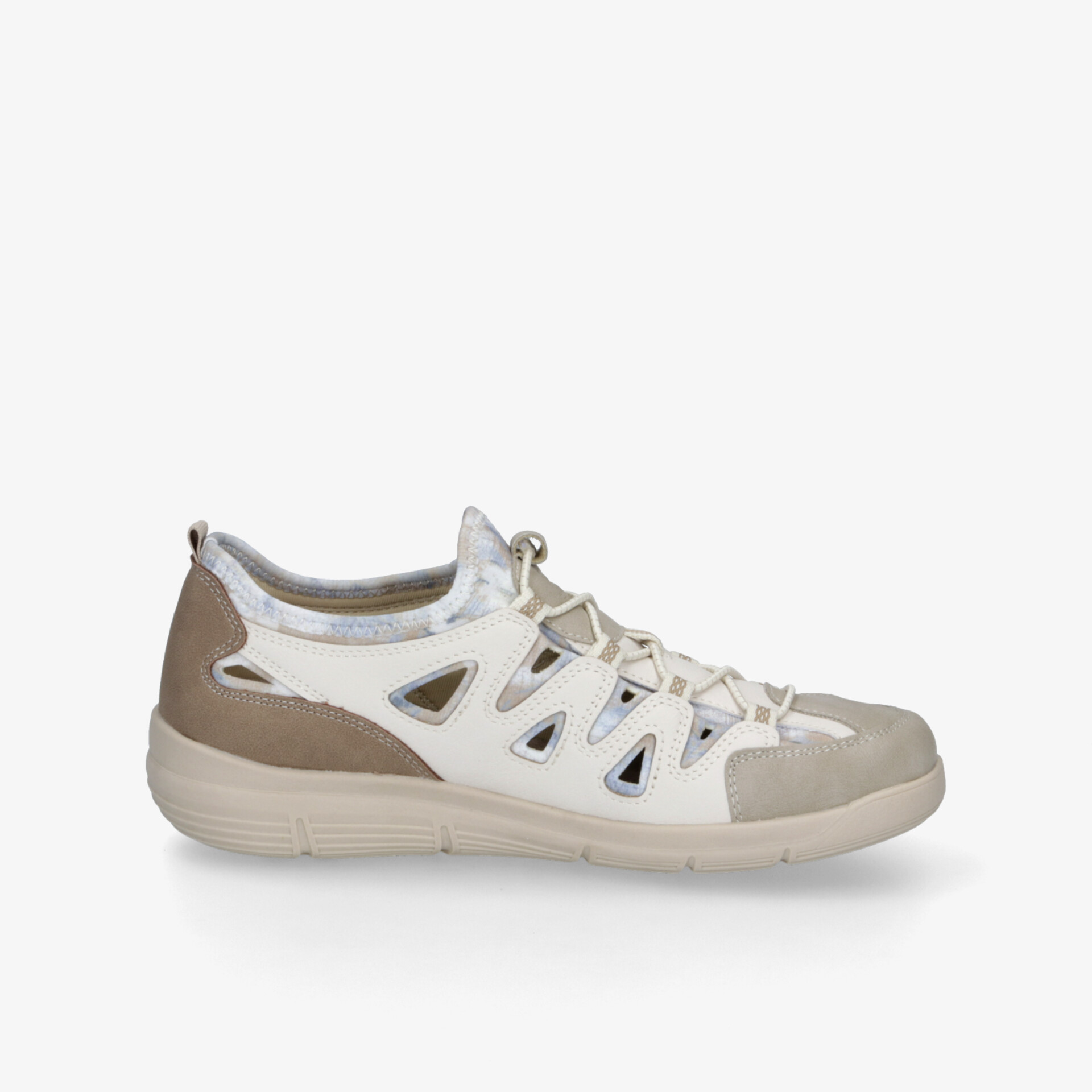 Leichter, atmungsaktiver Sneaker in beige-weiß mit flexibler, rutschfester Sohle und komfortablem Design seitlich