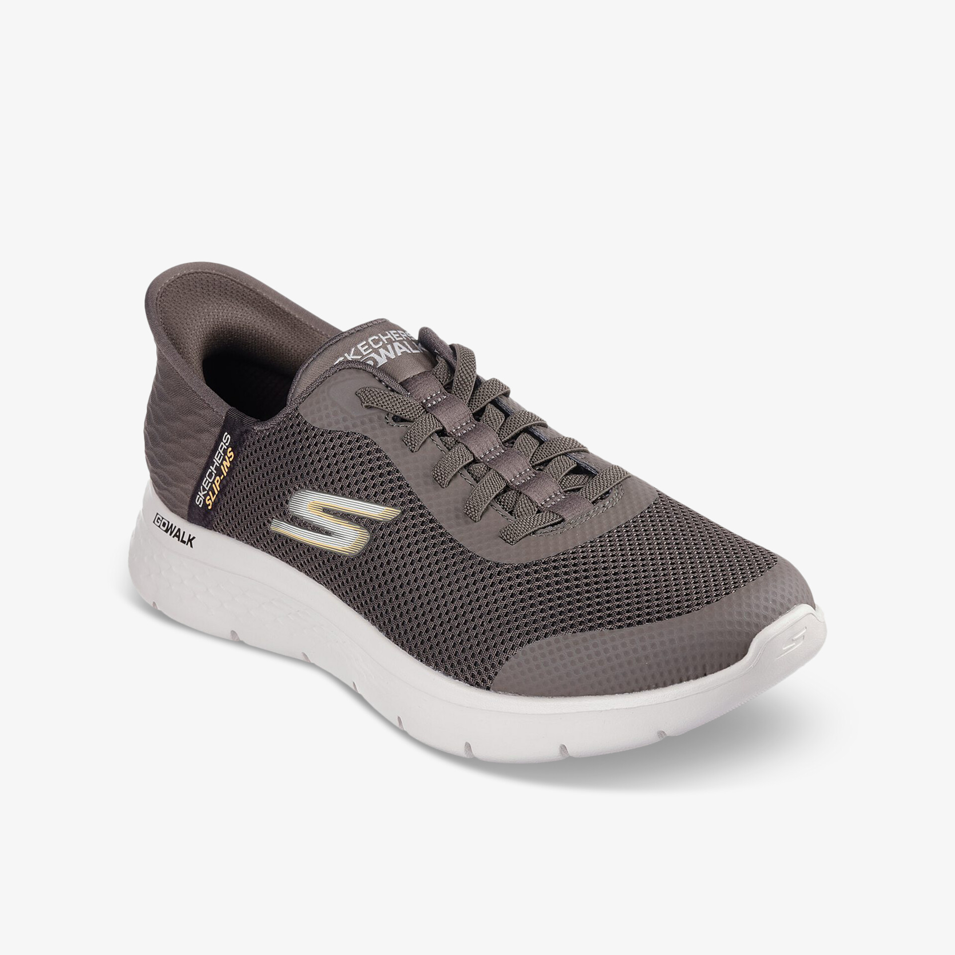 Leichter grauer Sportschuh mit atmungsaktivem Material und flexibler, weißer Sohle seitlich fotografiert