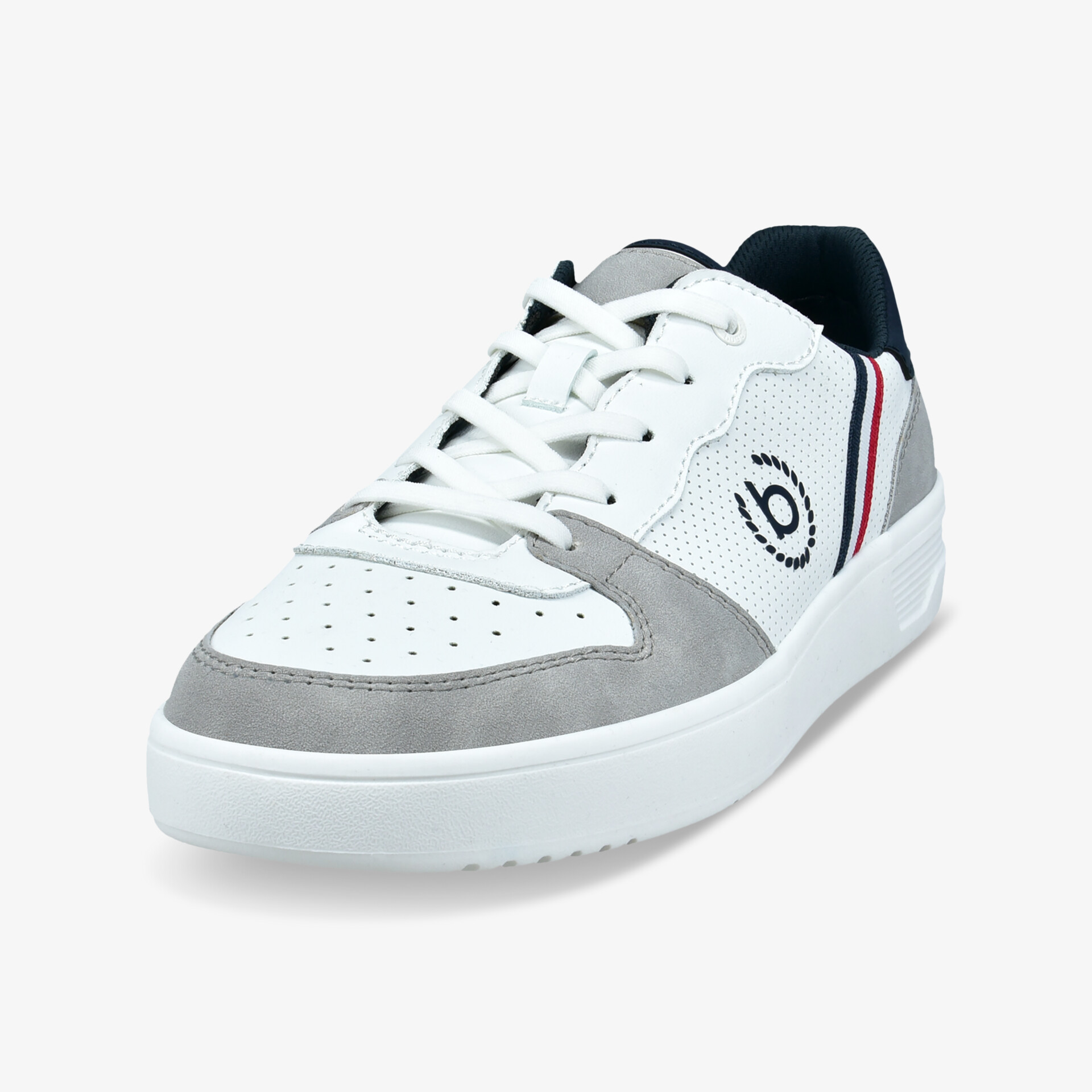 Weiß-grauer Sneaker in schräger Vorderansicht mit sportlichem Design und bequemer Passform