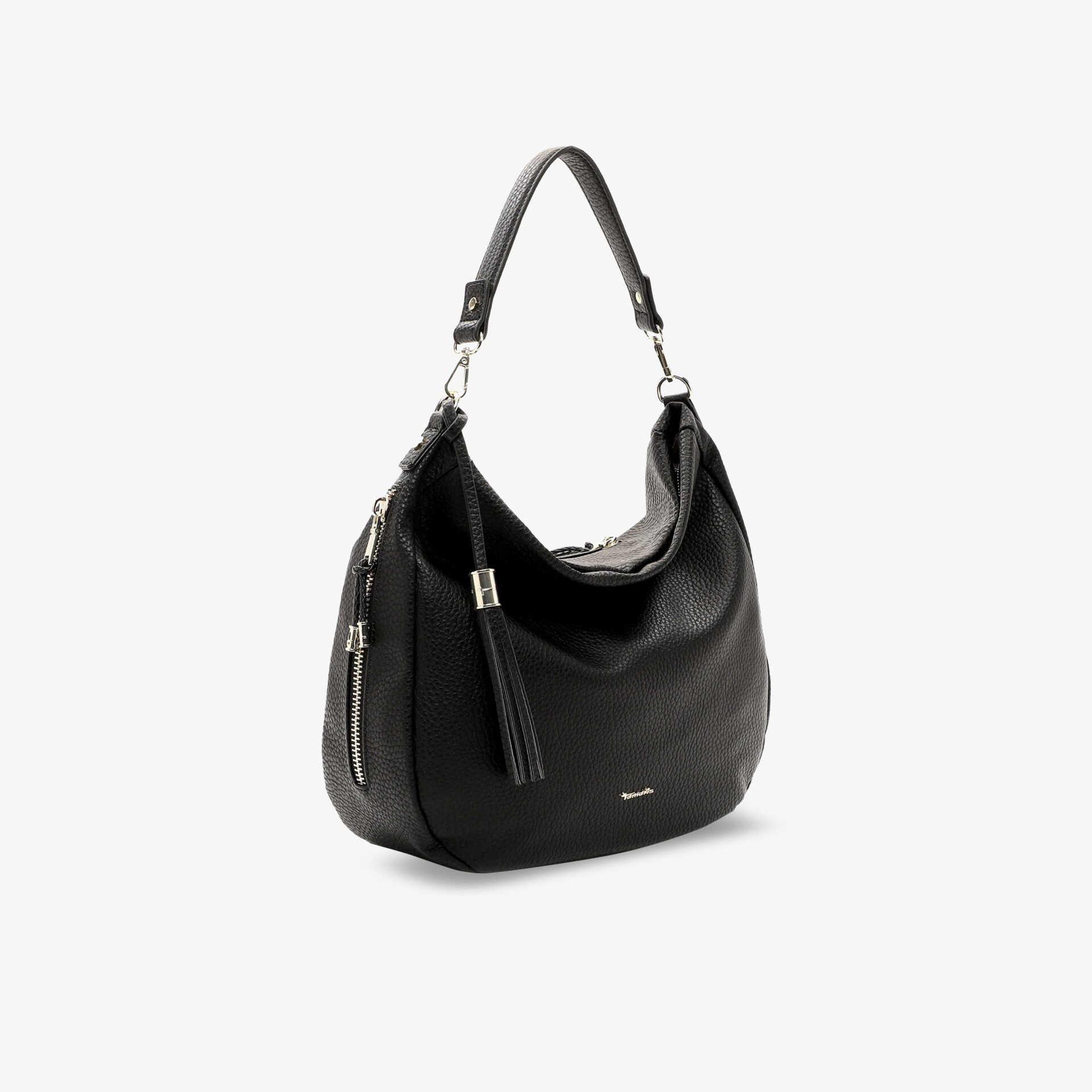 Schwarze elegante Handtasche in schräger Frontansicht mit praktischem Tragegriff und dekorativem Reißverschluss