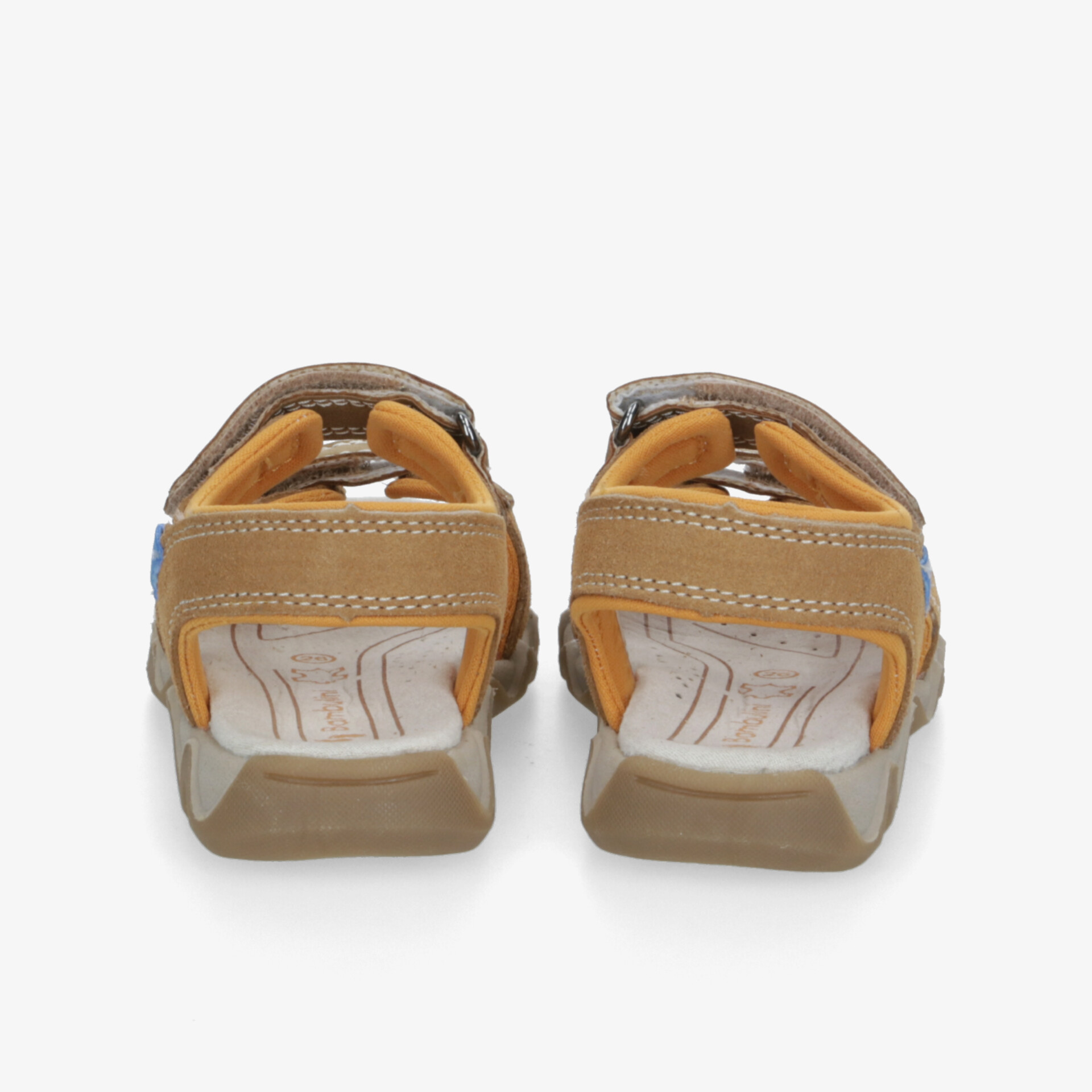 Rückansicht von bequemen Sandalenschuhen mit verstellbarem Verschluss und gepolsterter Innensohle