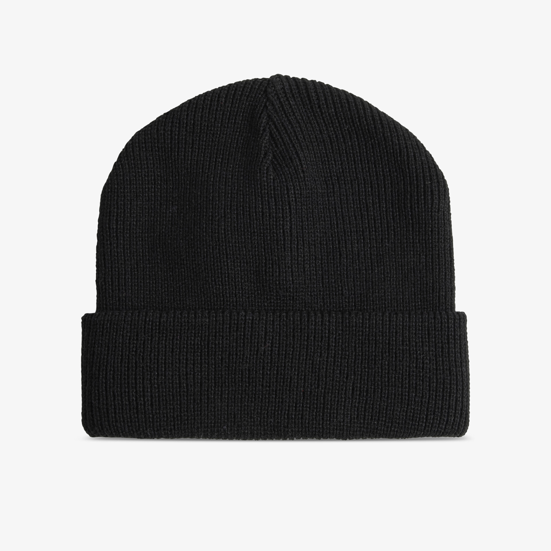 Schwarze Strickmütze in frontaler Ansicht, warm und bequem für kalte Tage, elastisch und zeitloses Design