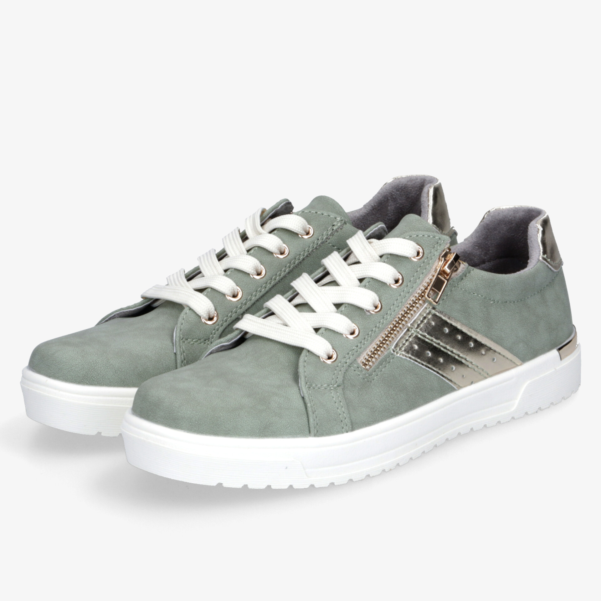 Bequeme grüne Sneaker mit weißer Sohle und Reißverschluss, modernes Design und praktische Schnürung