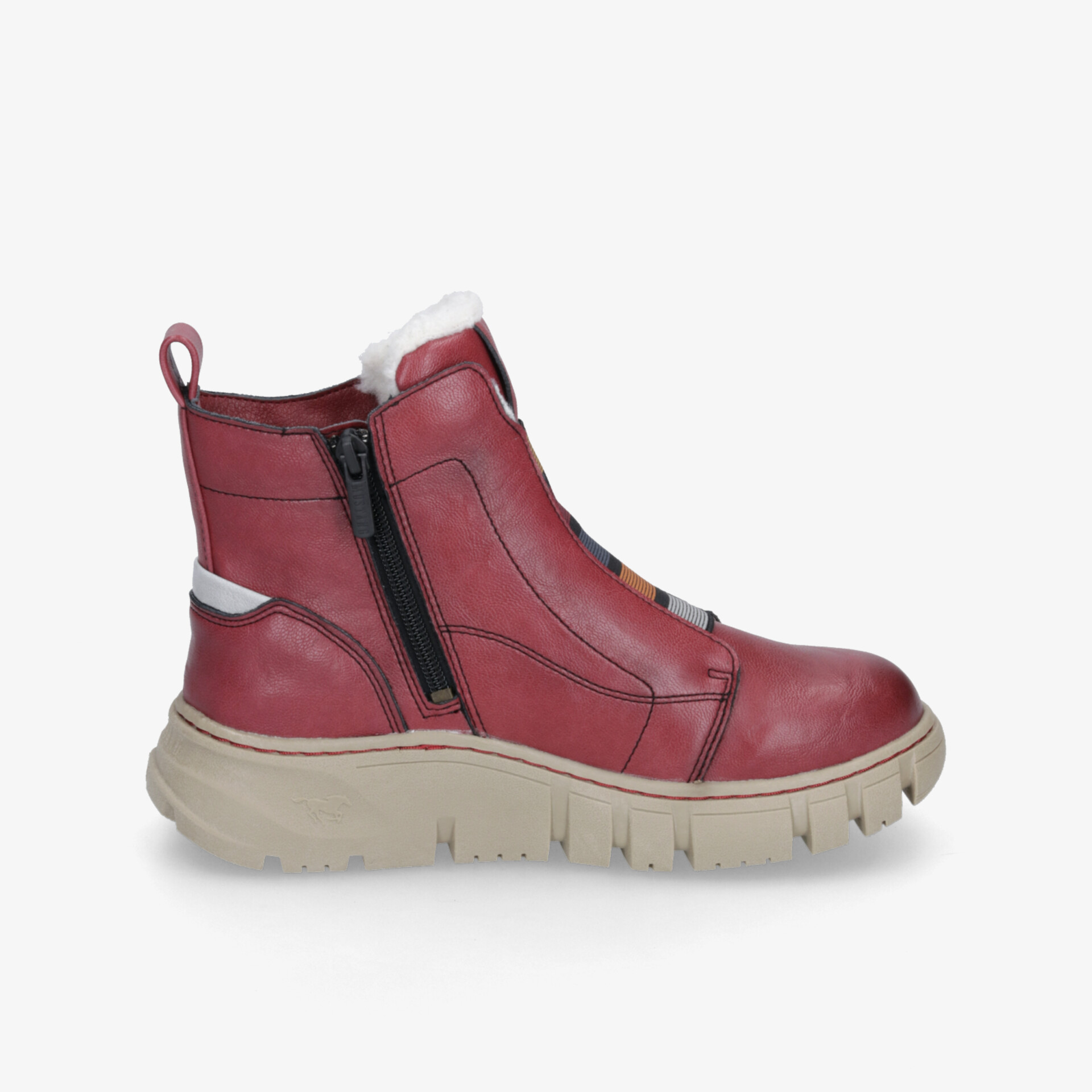 Robuster roter Winterstiefel mit warmem Innenfutter, rutschfester Sohle und praktischem seitlichem Reißverschluss