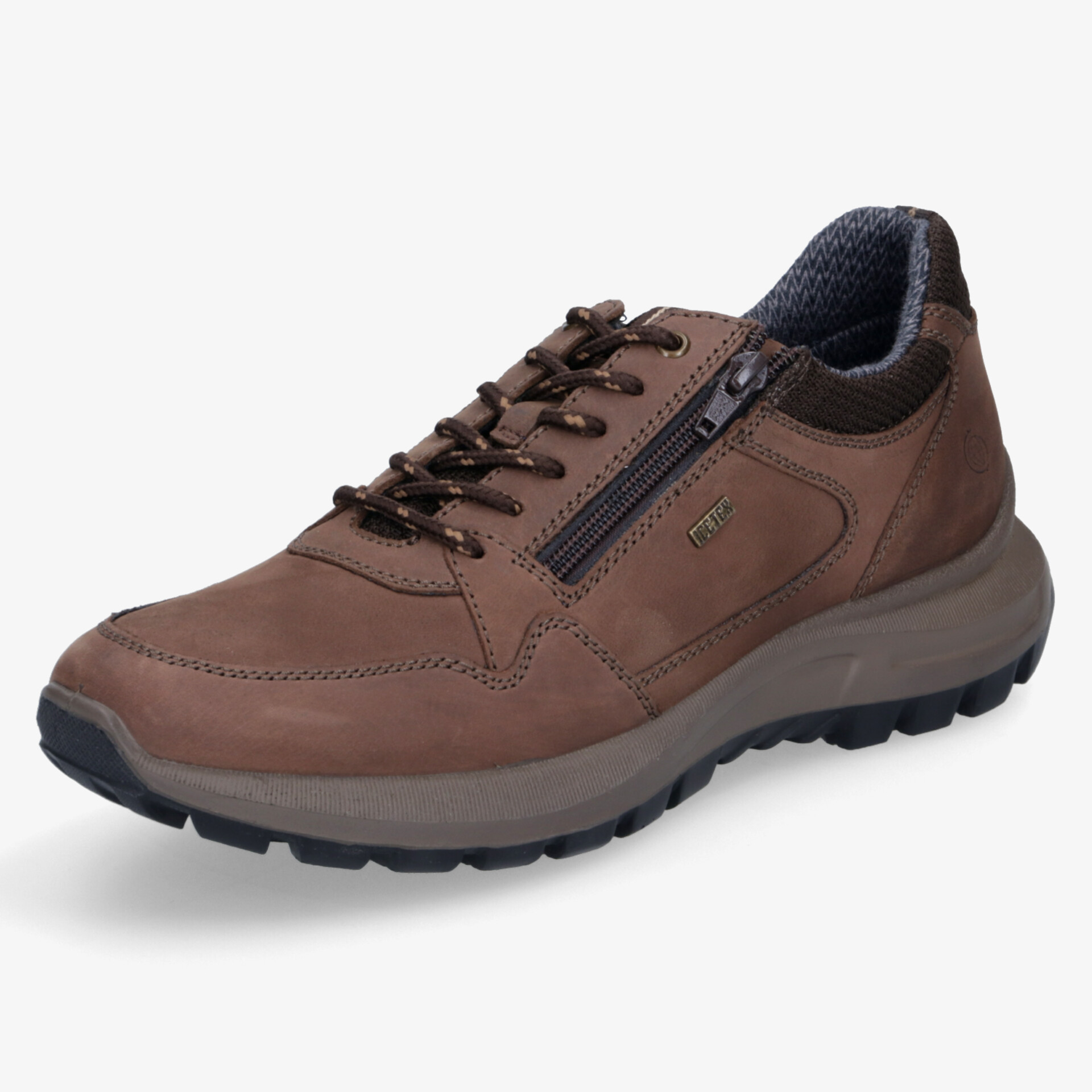 Brauner Komfort-Sneaker mit stabilem Reißverschluss, gepolstertem Innenbereich und rutschfester Sohle, seitliche Ansicht