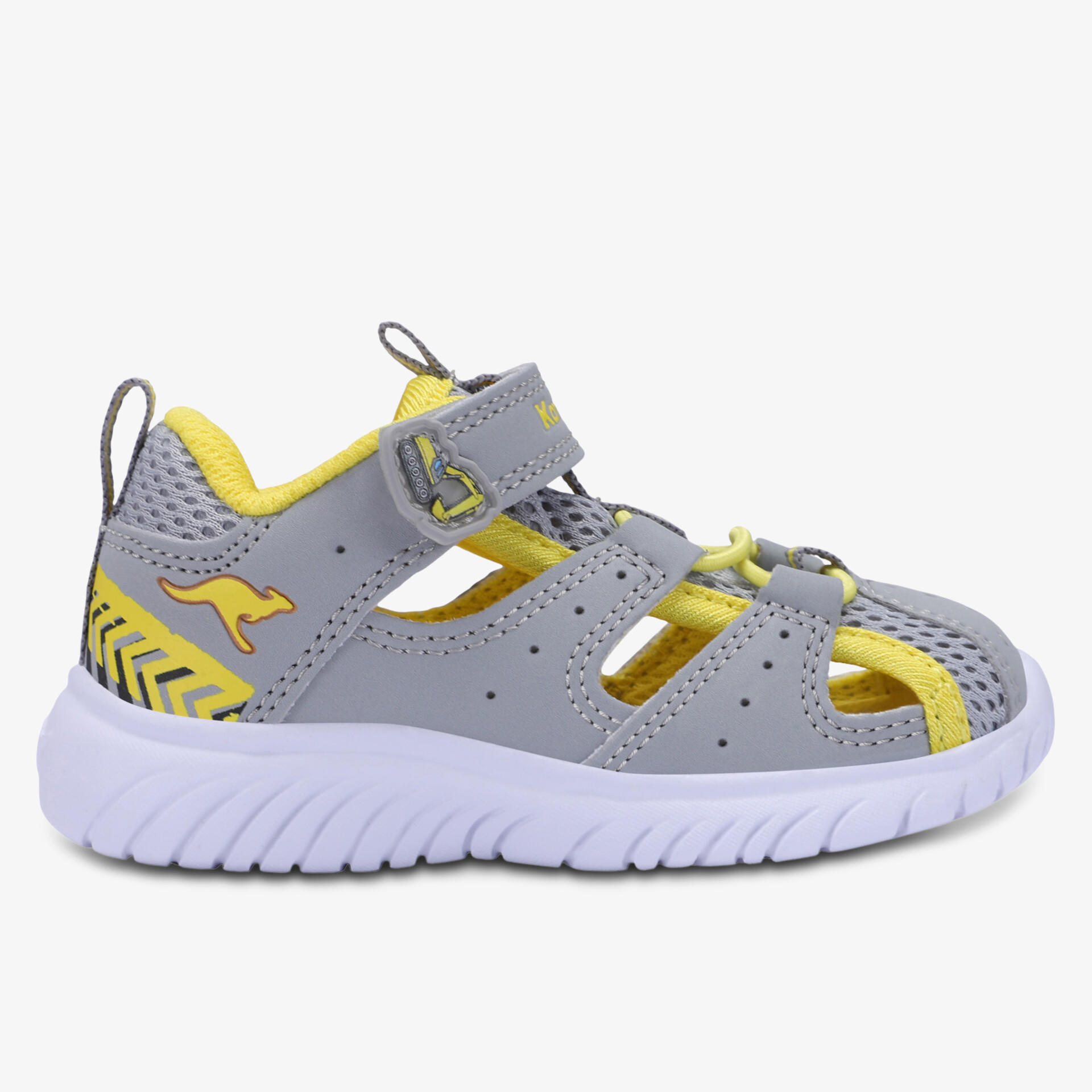 Leichter grauer Kindersandalenschuh mit gelben Akzenten, atmungsaktiv und mit verstellbaren Klettverschlüssen