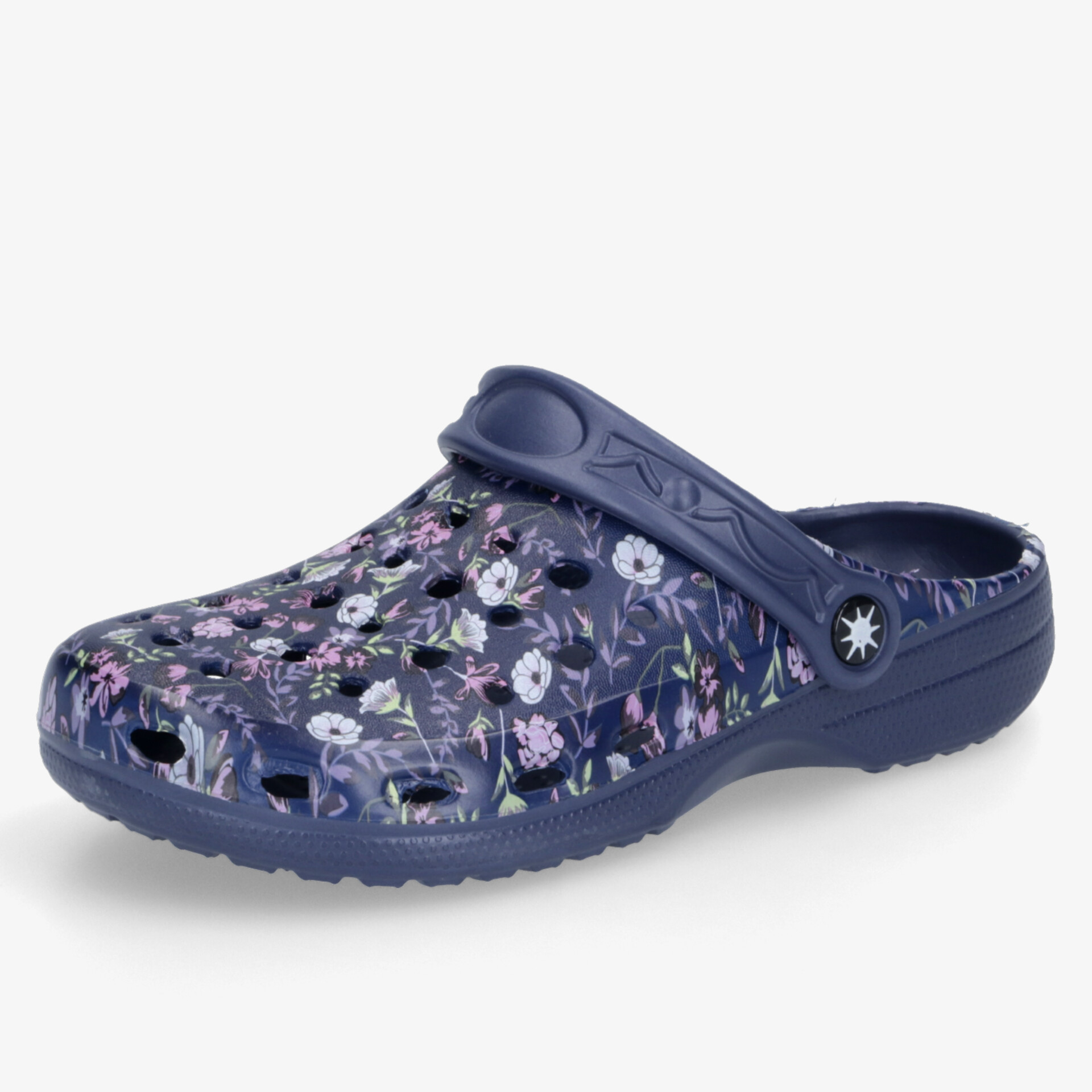 Bequeme blaue Freizeitschuhe mit Blumendesign und atmungsaktiven Löchern, ideal für Alltag und Garten.