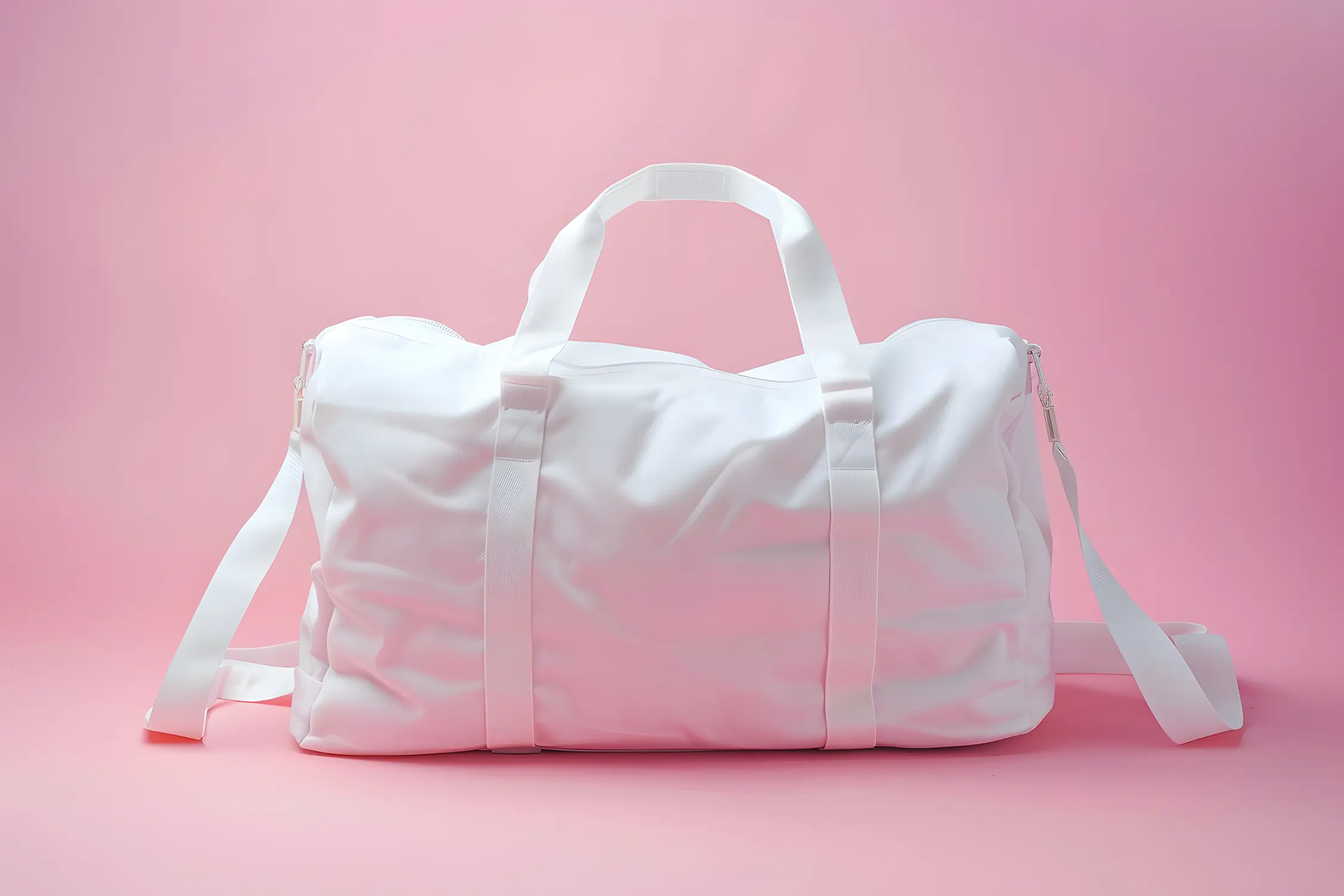 weiße Sporttasche mit zwei kurzen Griffen und einem langen Schultergurt vor rosa Hintergrund