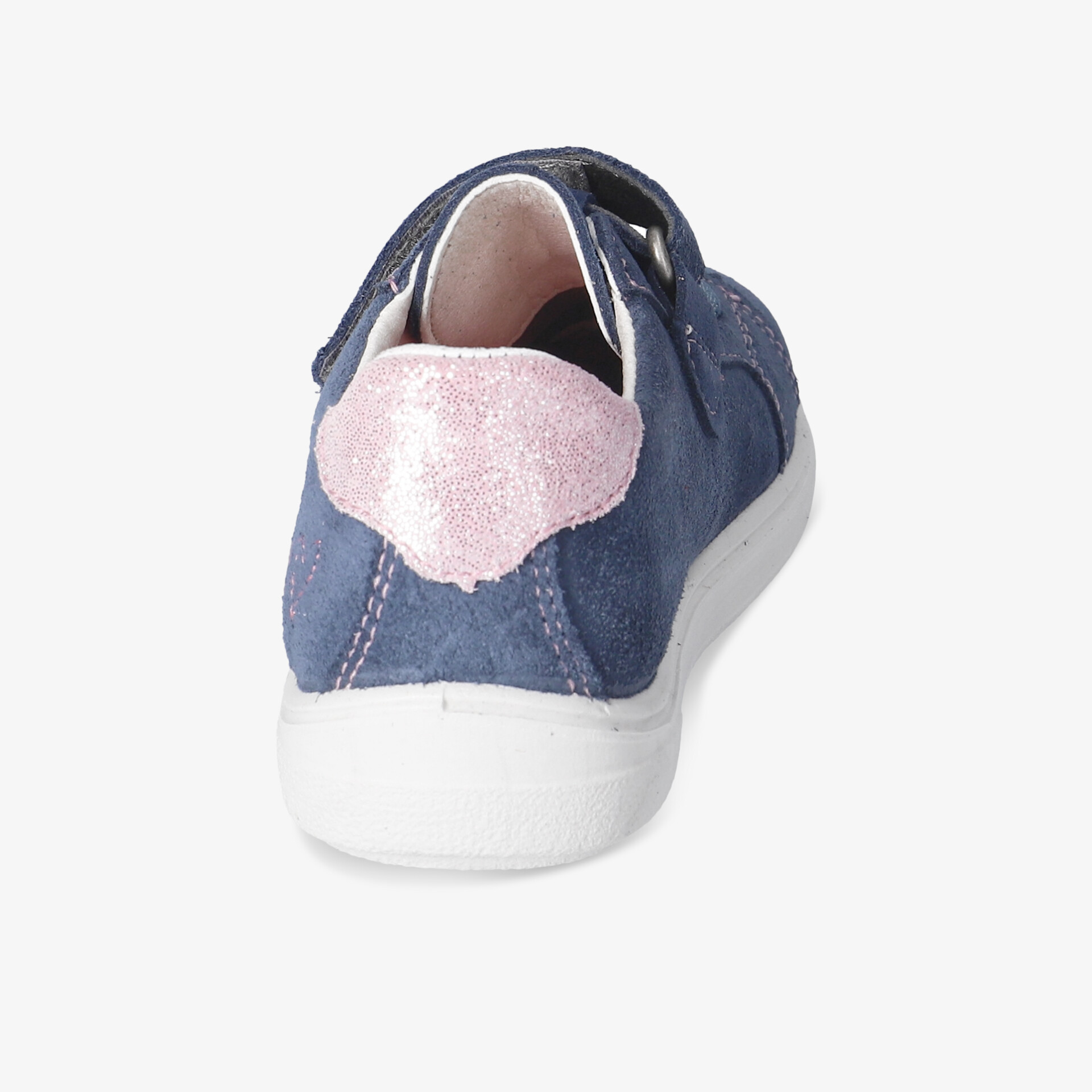 blauer Schuh mit rosa Fersenbereich und weißer Sohle, Rückansicht, bequem und modisch