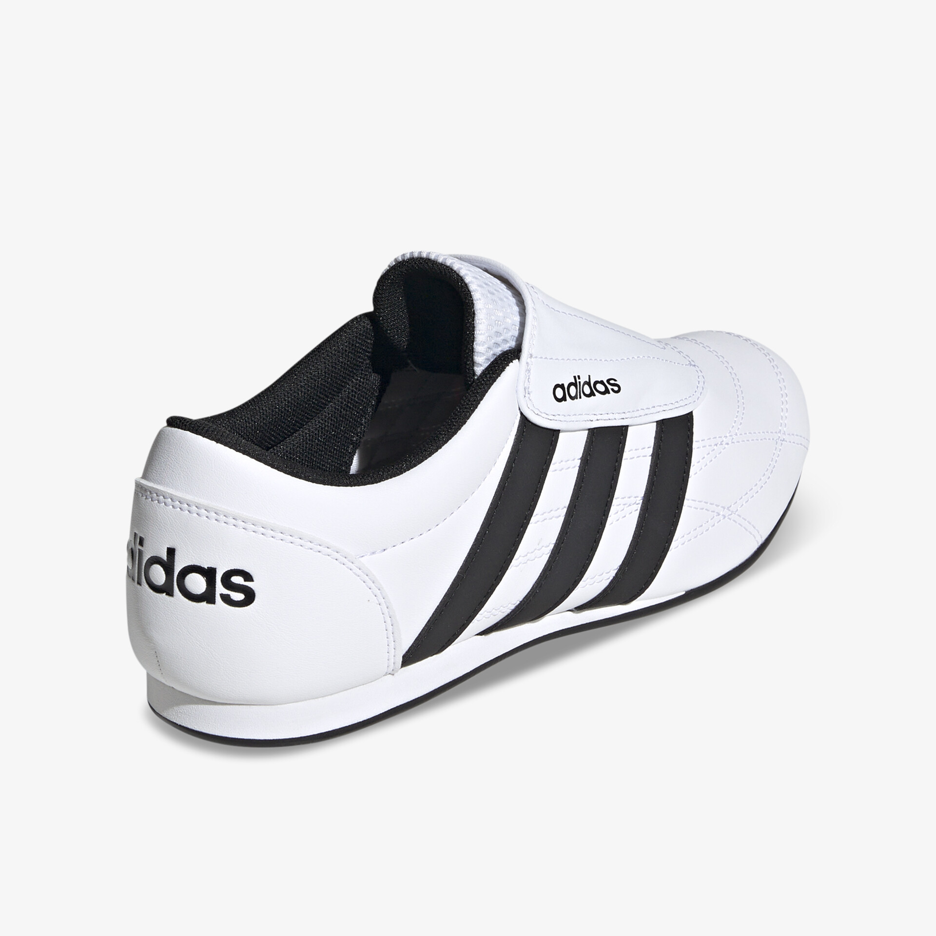 Weißer Adidas Sportschuh mit schwarzem Streifen, bequem, leicht und rutschfest, seitliche Ansicht
