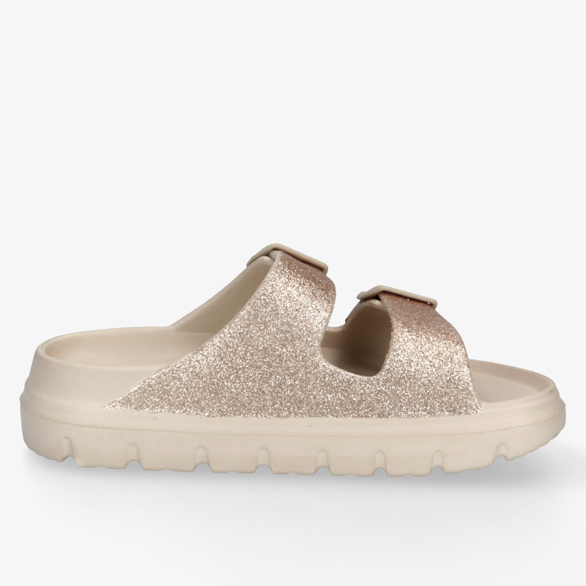 Bequeme Sandale mit weicher Sohle und glitzernder Oberfläche, ideal für sommerlichen Komfort und leichten Alltag