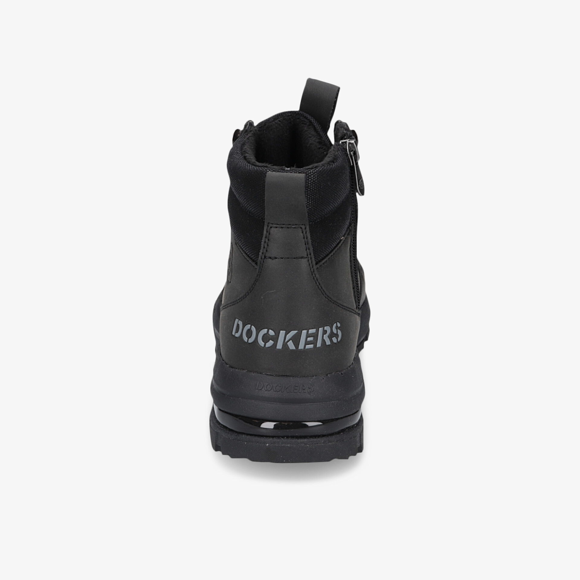 Robuster schwarzer Schuh mit Reißverschluss und gepolstertem Kragen, rutschfeste Profilsohle sichtbar