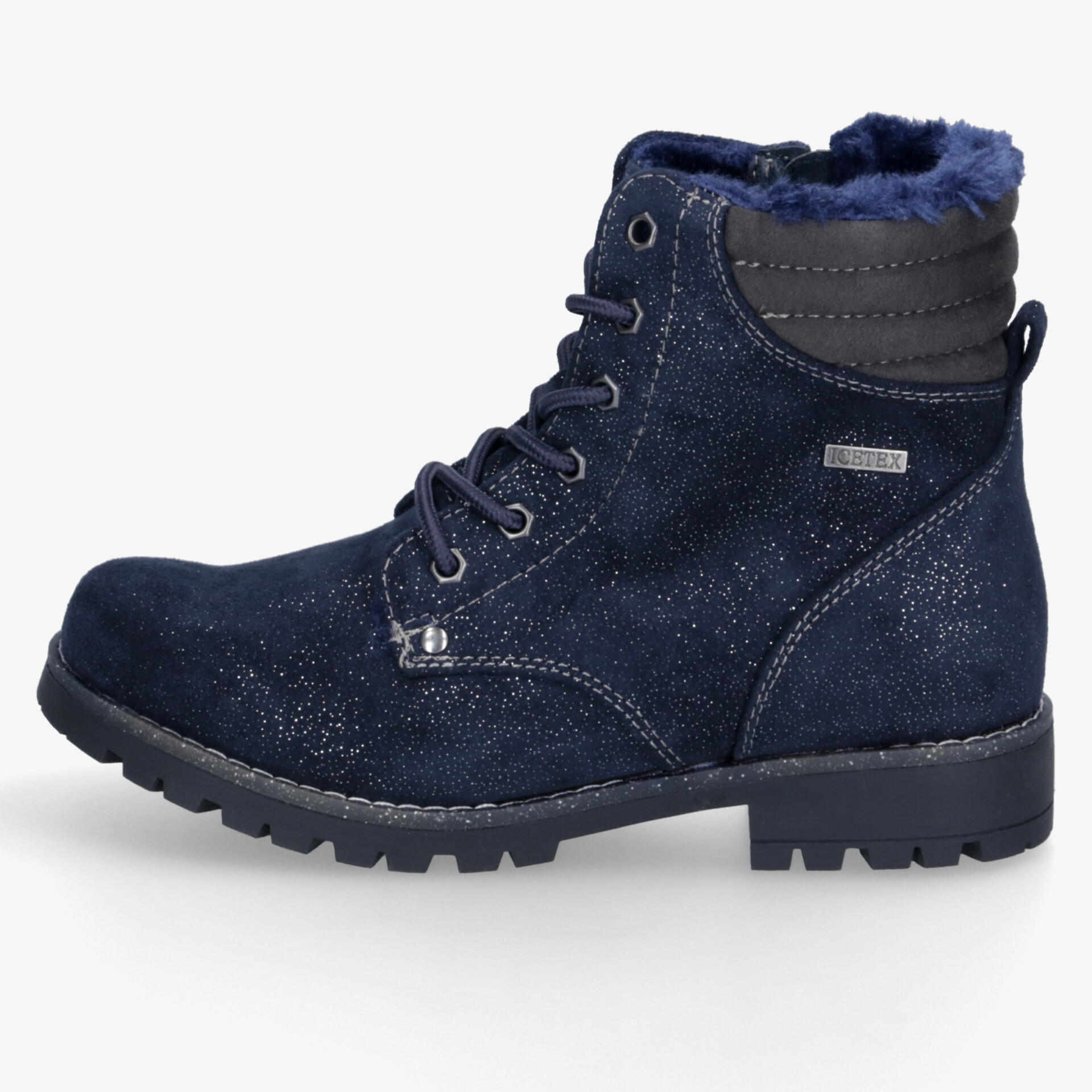 Robuster navyblauer Winterstiefel mit warmer Innenfütterung und rutschfester Sohle in klarer Seitenansicht