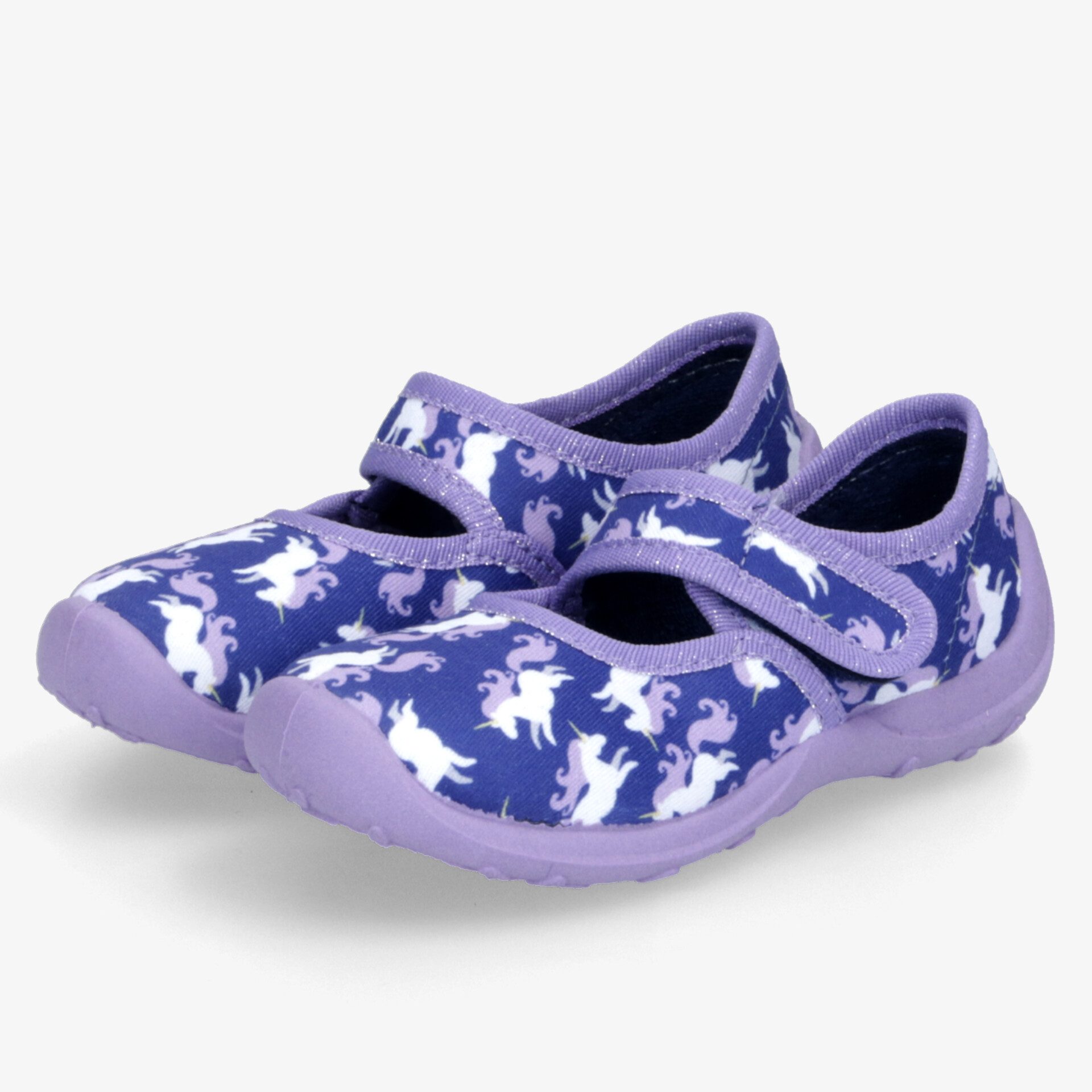 Bequemer lila Hausschuh mit Einhornmuster, flexiblem Klettverschluss und rutschfester Sohle für sicheren Halt