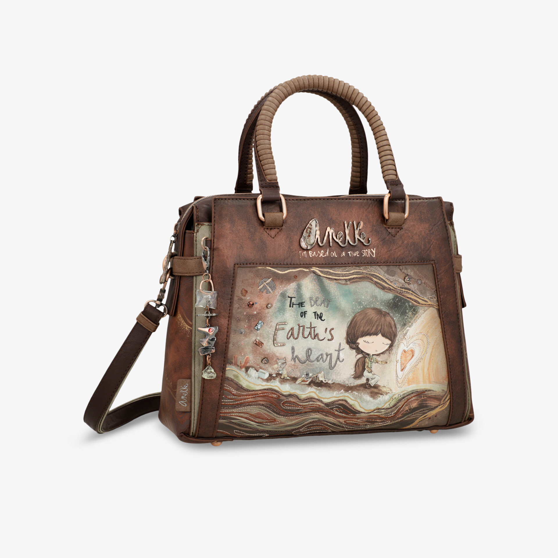 Modische braune Handtasche aus Kunstleder mit einzigartiger Illustration, zwei Tragegriffe und abnehmbarem Schultergurt