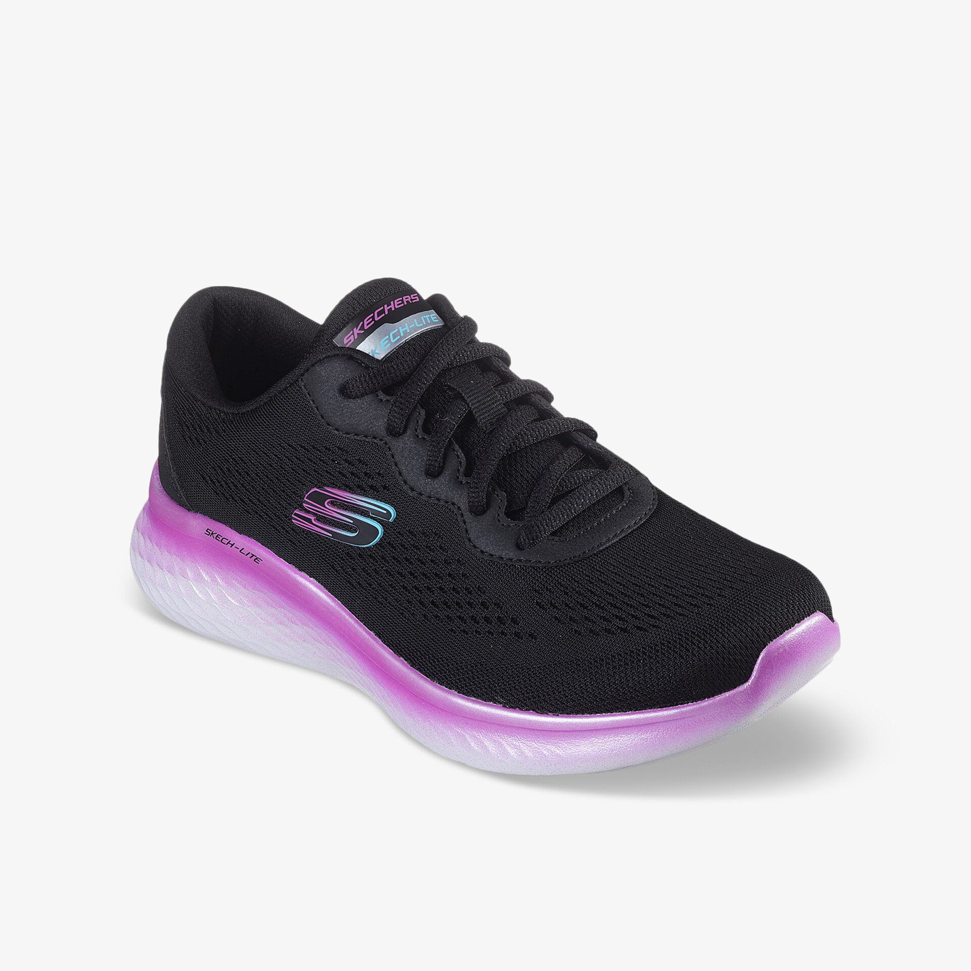 Schwarzer sportlicher Schuh mit lila-rosa Sohle und atmungsaktivem Material, leicht und flexibel