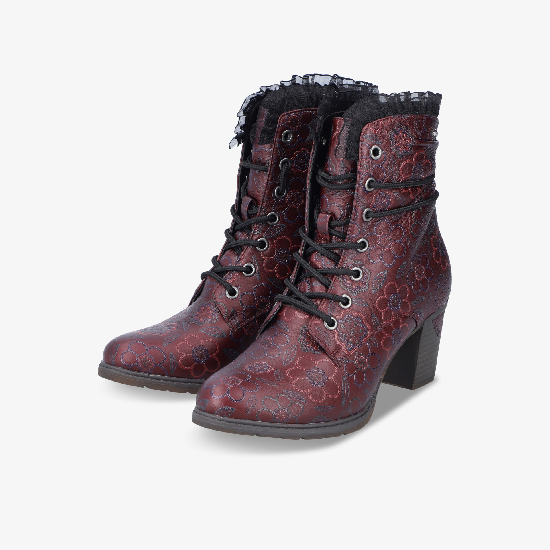 Rote Stiefeletten mit mittelhohem Absatz und Schnürung, elegantes Design und gepolsterter Rand im Paar sichtbar