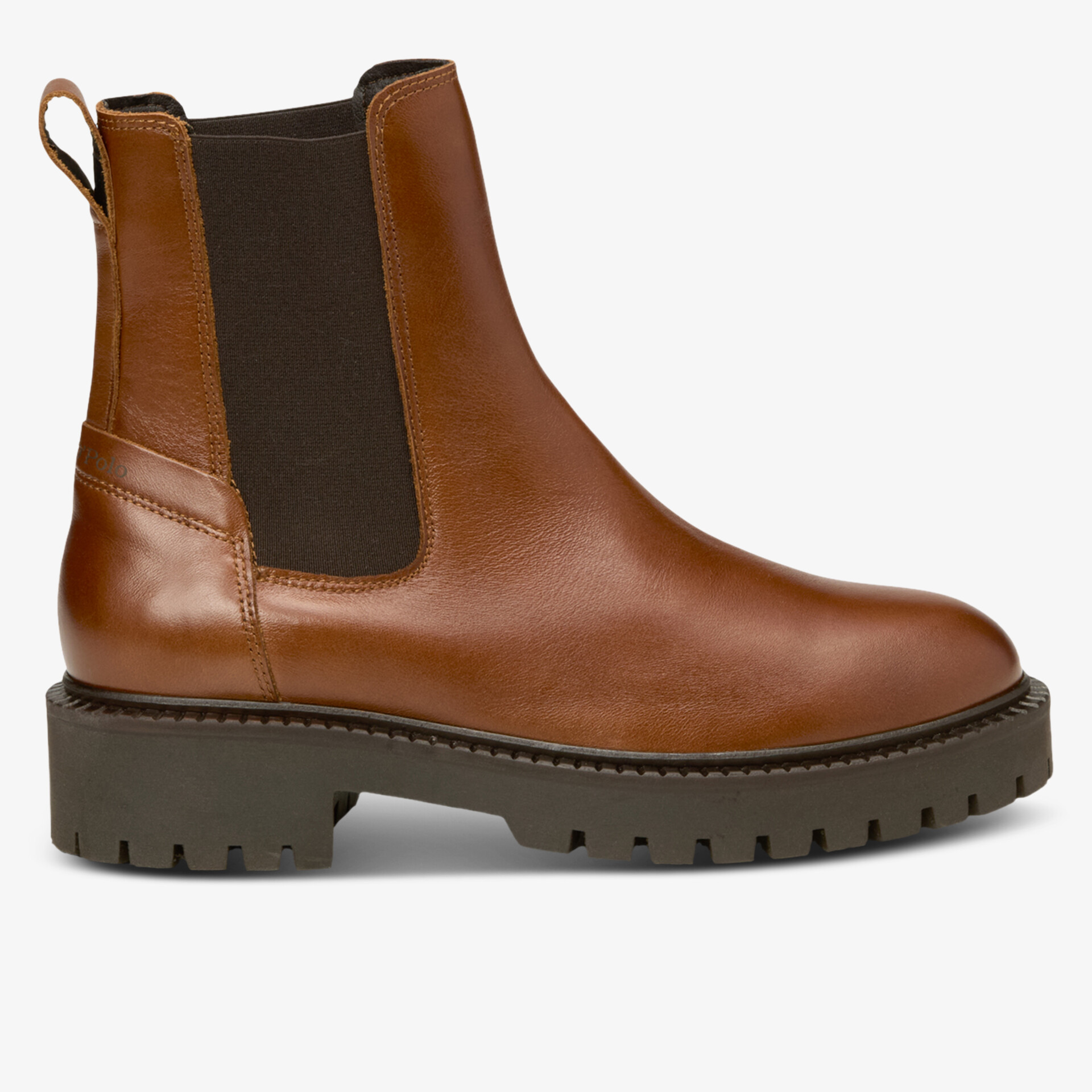 Brauner Chelsea Boot aus glattem Leder mit elastischen Seiteneinsätzen und robuster Profilsohle, seitliche Ansicht