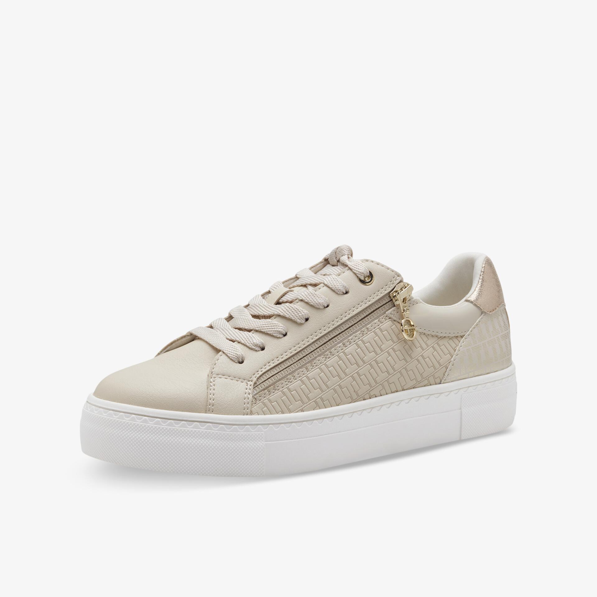 Moderner beiger Sneaker mit glänzender Oberfläche und weißer Sohle für hohen Tragekomfort und stylisches Aussehen